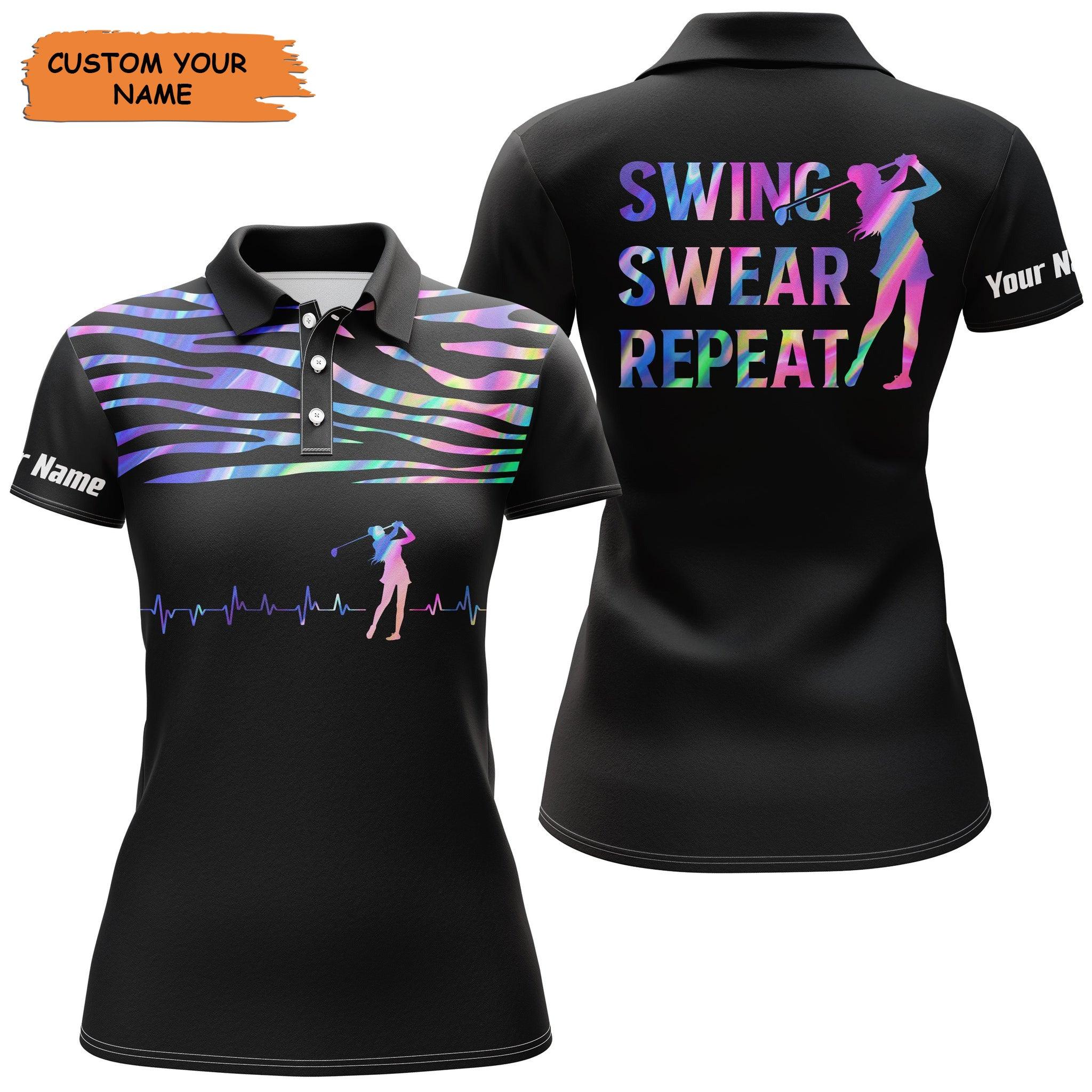 Customized Name Golf Women Polo Shirts, Golf Heart Beat Hologram Personalized Golf Swing Swear Repeat Shirts - Perfect Gift For Golfers, Golf Lovers