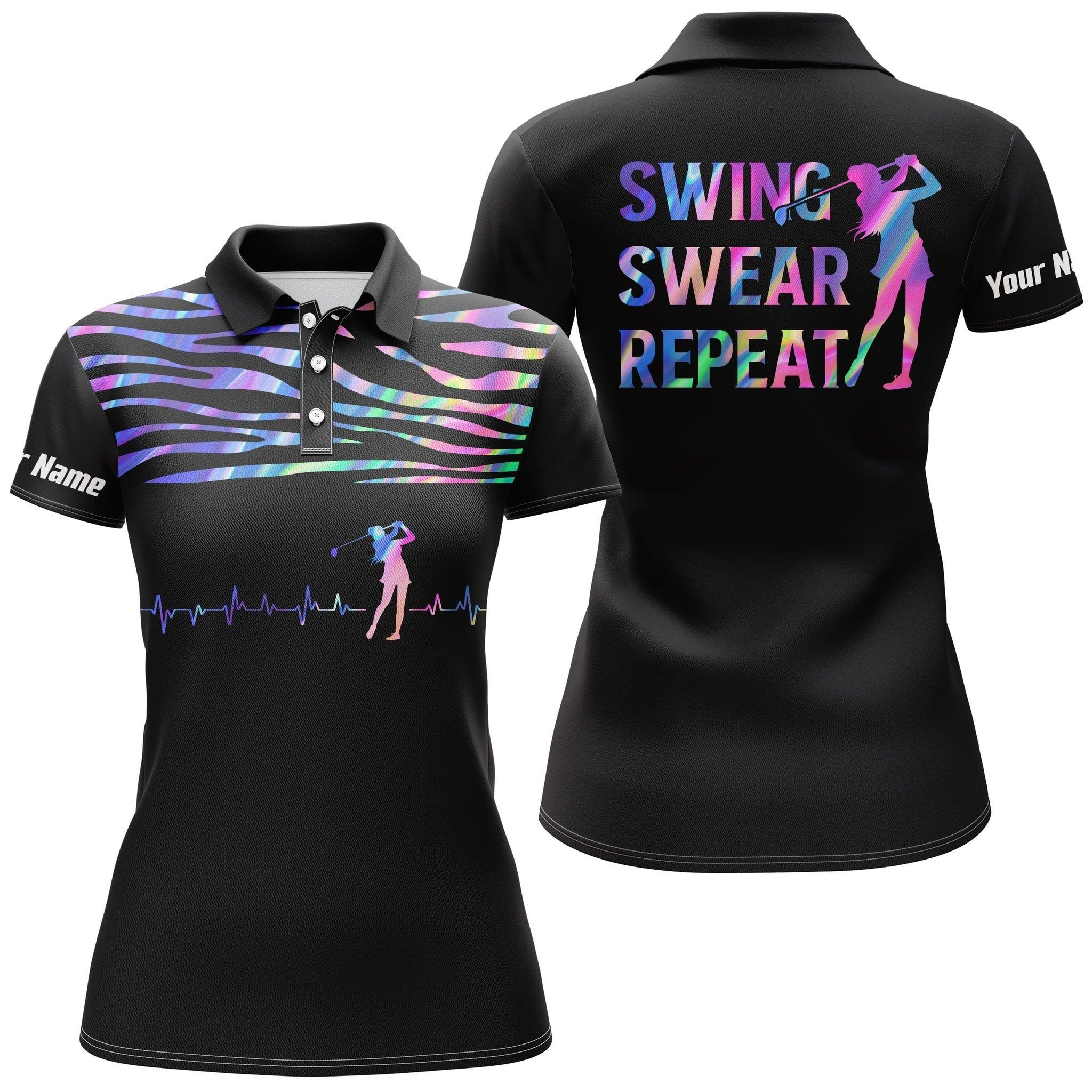 Customized Name Golf Women Polo Shirts, Golf Heart Beat Hologram Personalized Golf Swing Swear Repeat Shirts - Perfect Gift For Golfers, Golf Lovers - Image 2