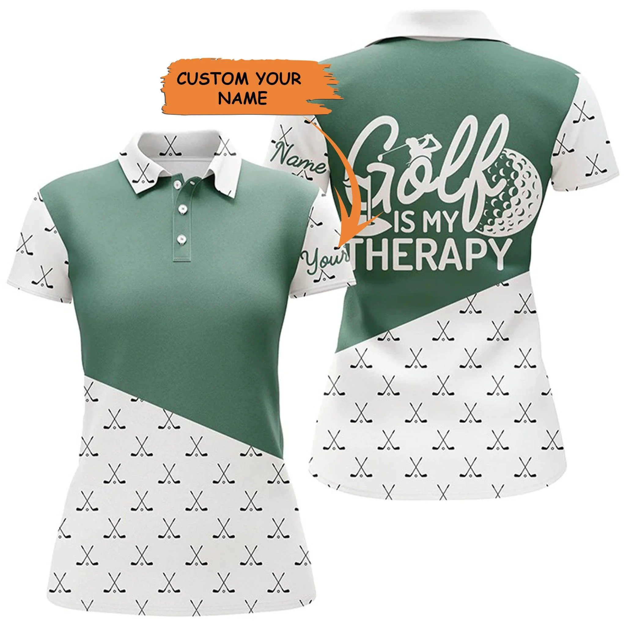 Customized Name Golf Women Polo Shirts, Green Golf Club Pattern Personalized Golf Is My Therapy Shirts - Perfect Gift For Ladies, Golfers, Golf Lovers