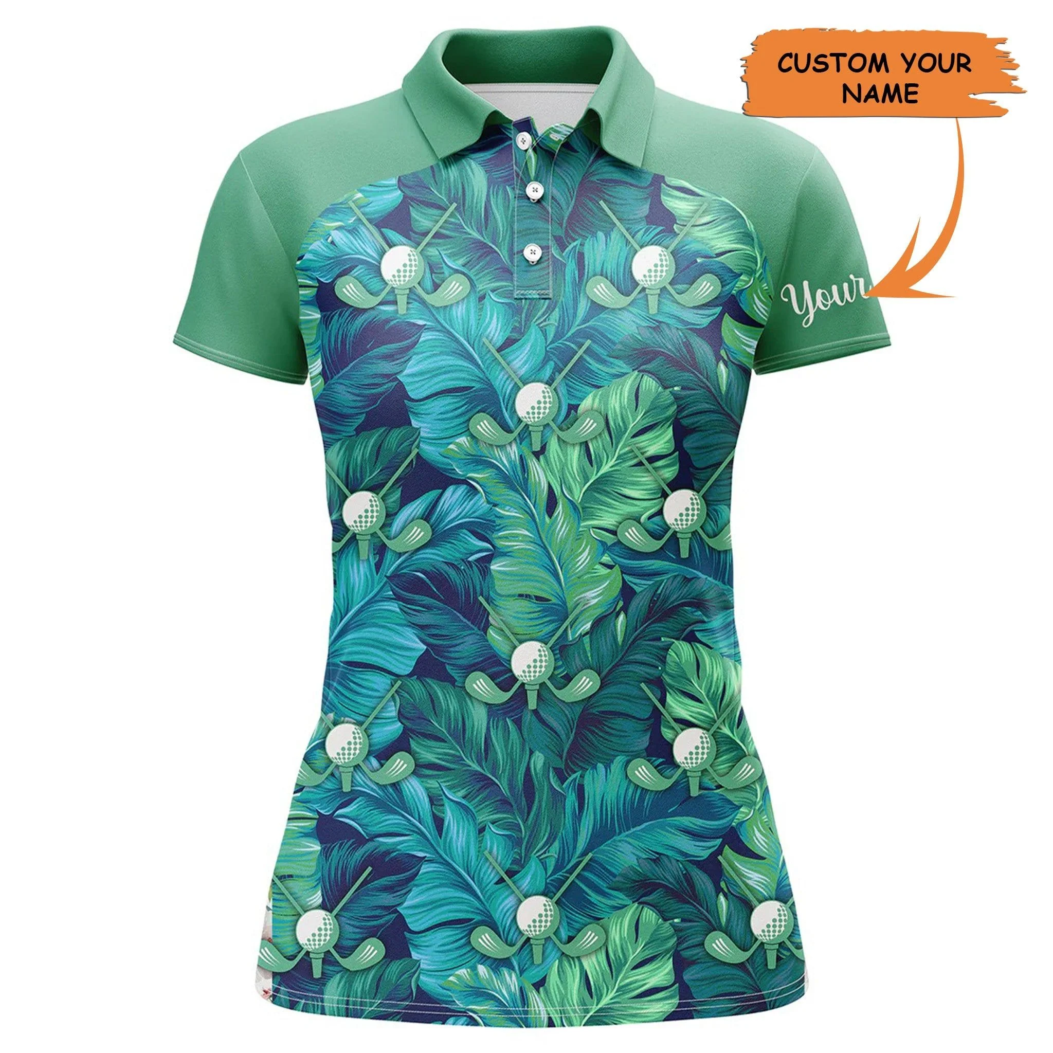 Customized Name Golf Women Polo Shirts, Green Tropical Leaves Personalized Golf Ball Polo Shirts - Perfect Gift For Ladies, Golfers, Golf Lovers - Image 2