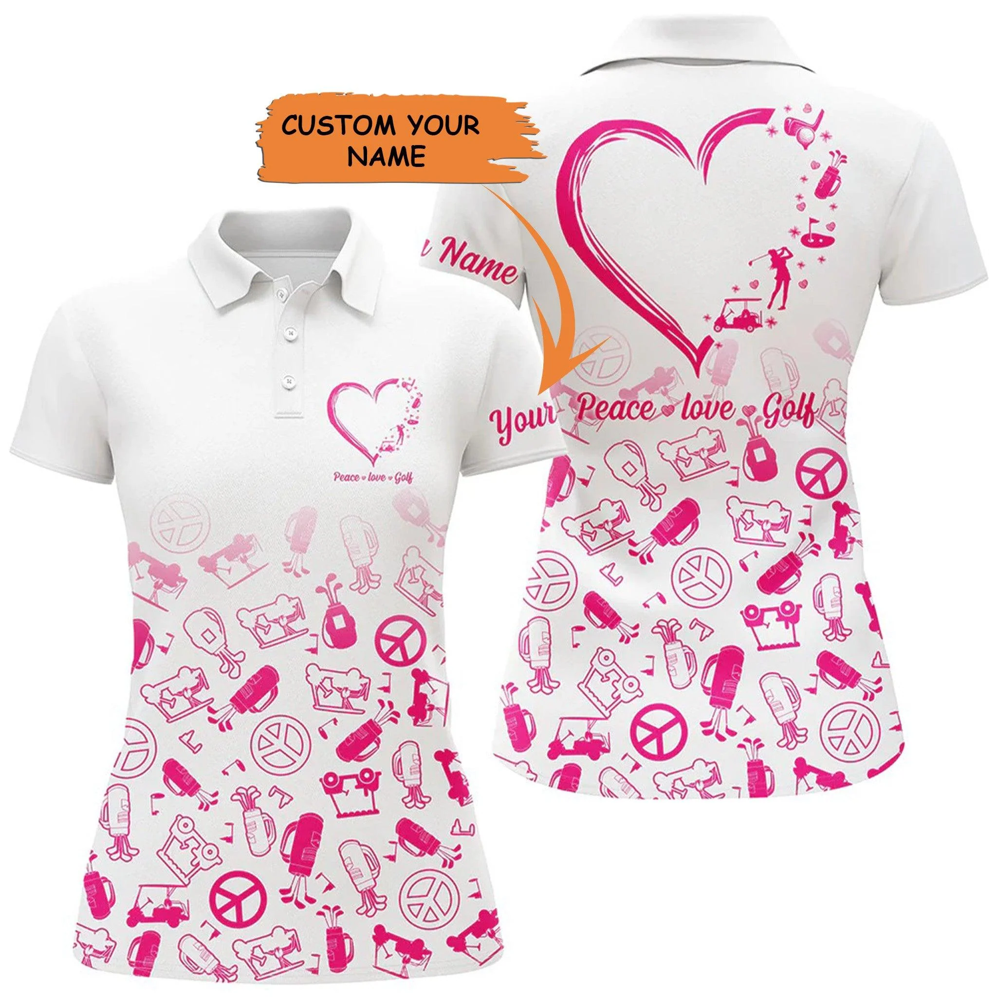 Customized Name Golf Women Polo Shirts, Heart Shirts Personalized Peace Love Golf Polo Shirts - Perfect Gift For Ladies, Golf Lovers, Golfers