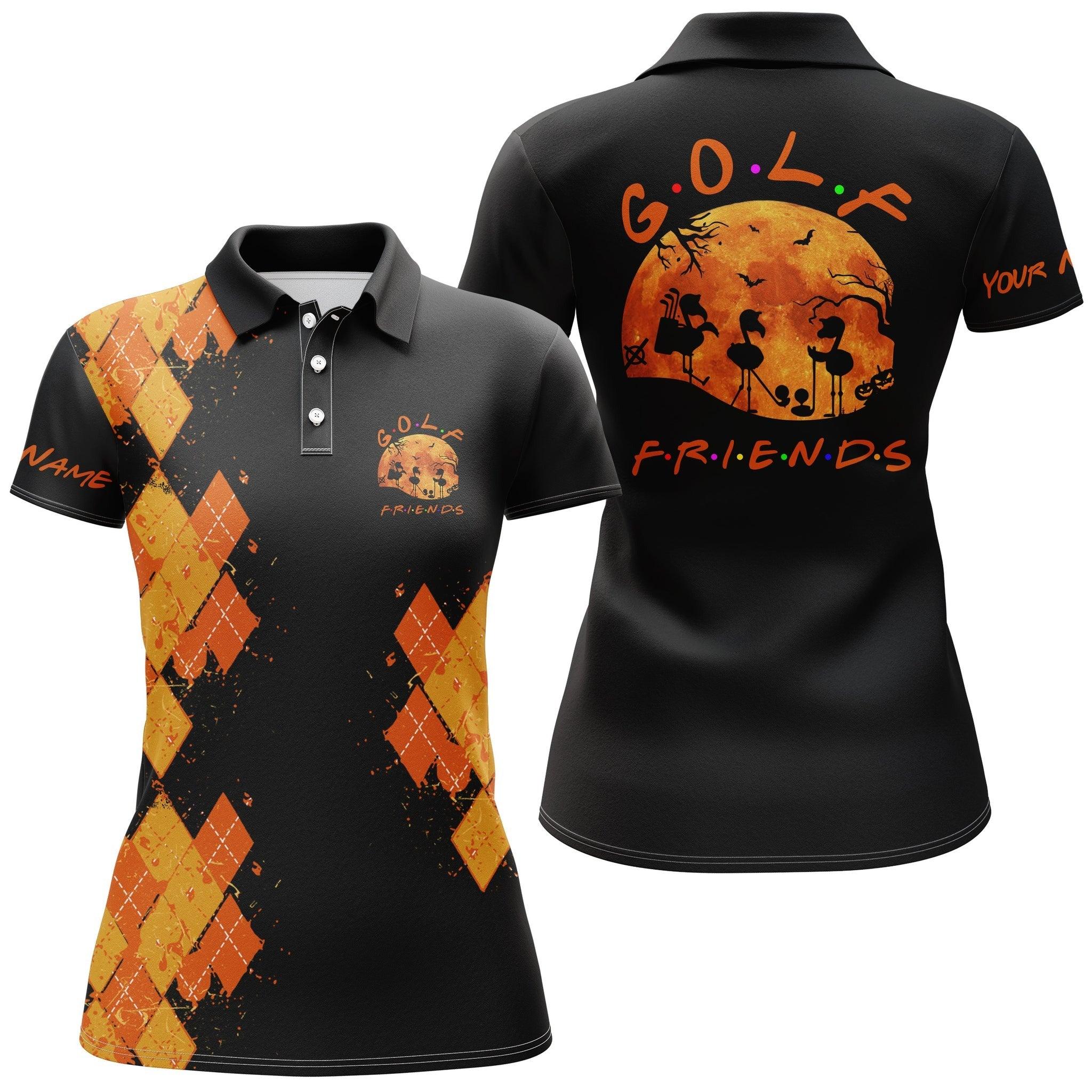 Customized Name Golf Women Polo Shirts,Orange Black Halloween Personalized Flamingo Golf Friends - Perfect Gift For Ladies, Golfers, Golf Lovers - Image 2