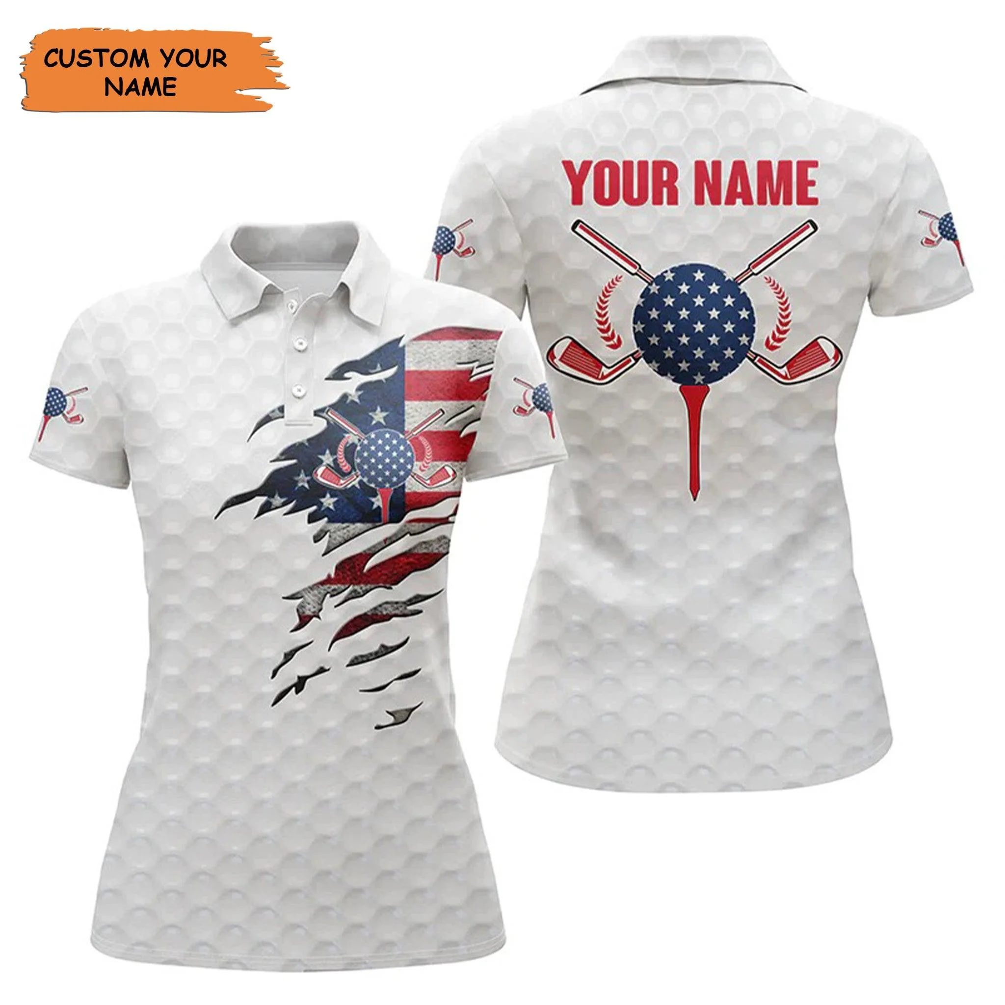 Customized Name Golf Women Polo Shirts, Personalized American Flag White Golf Ball Skin Women Polo Shirts - Perfect Gift For Golfers, Golf Lovers