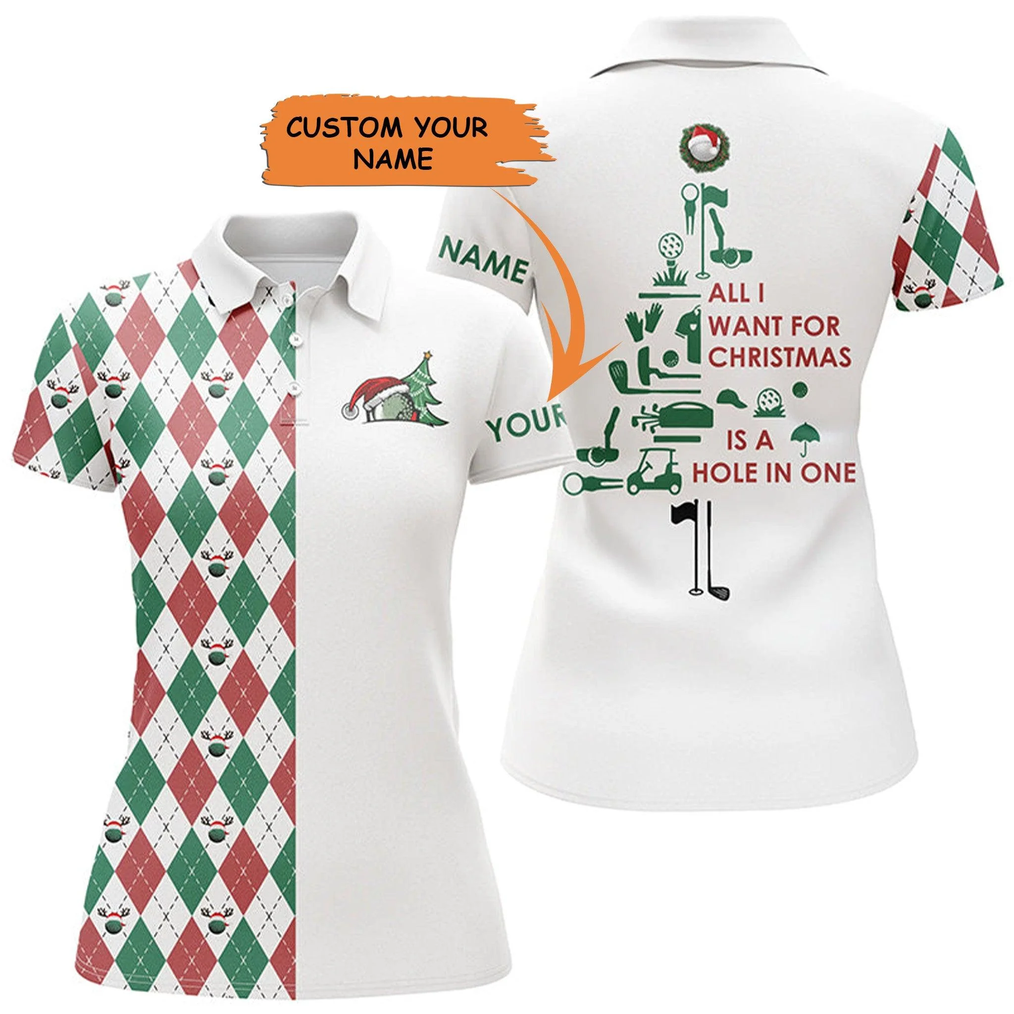 Customized Name Golf Women Polo Shirts, Personalized Christmas Tree All I Want For Christmas Is A Hole In One - Perfect Gift For Golf Lovers, Golfers