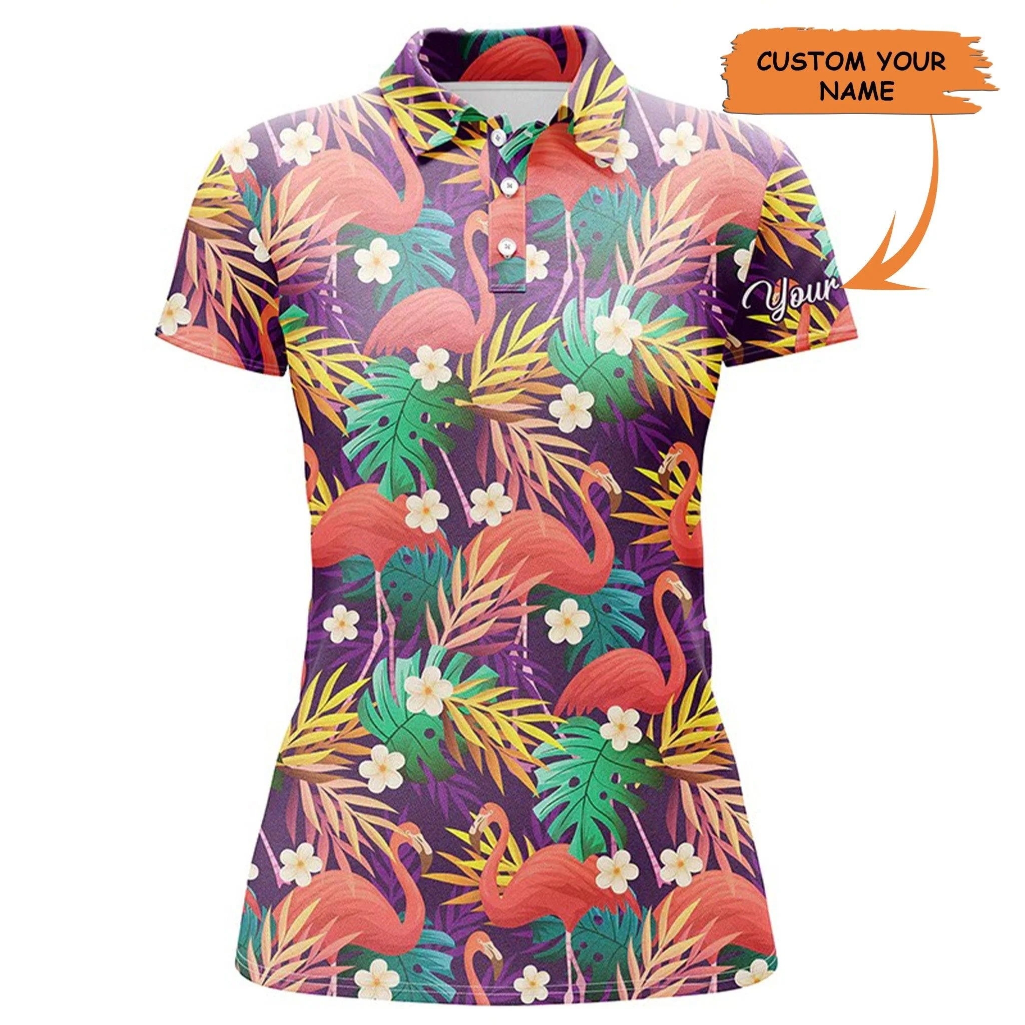 Customized Name Women Polo Shirts, Personalized Colorful Flamingo Pattern Tropical Leaves - Perfect Gift For Ladies, Friends, Family