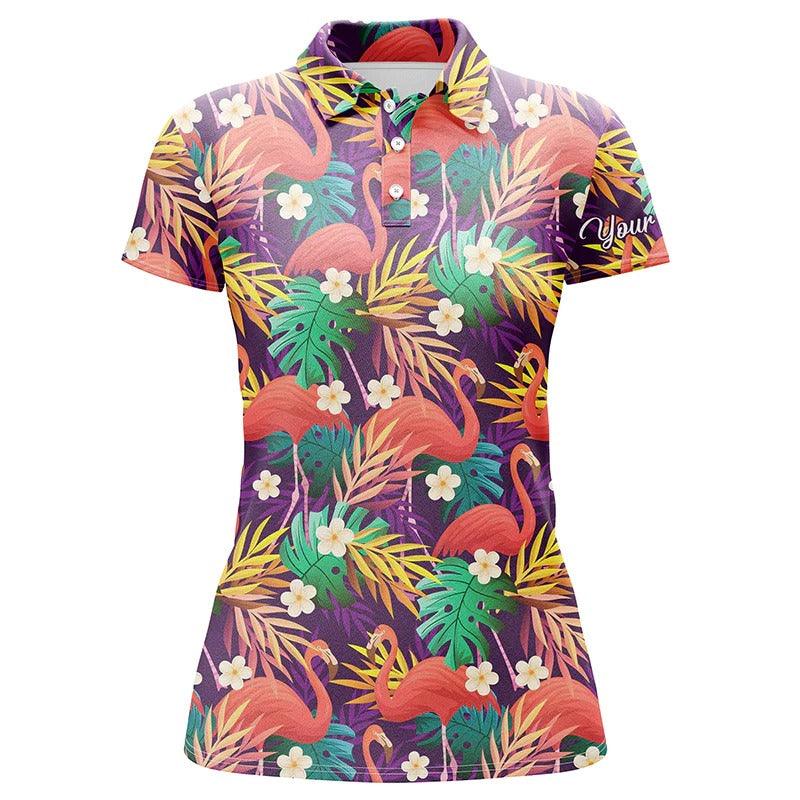 Customized Name Women Polo Shirts, Personalized Colorful Flamingo Pattern Tropical Leaves - Perfect Gift For Ladies, Friends, Family - Image 2