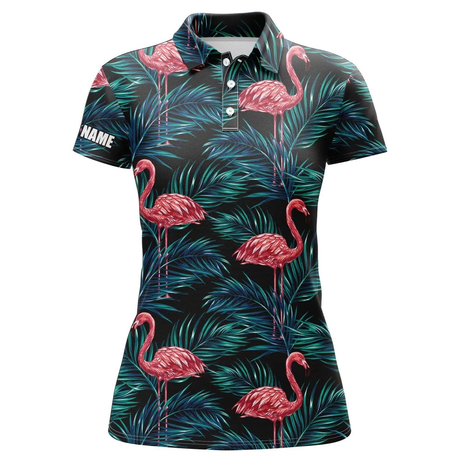 Customized Name Women Polo Shirts, Personalized Flamingo Shirt Tropical Palm Leaves Pattern - Perfect Gift For Ladies, Friends, Family - Image 2