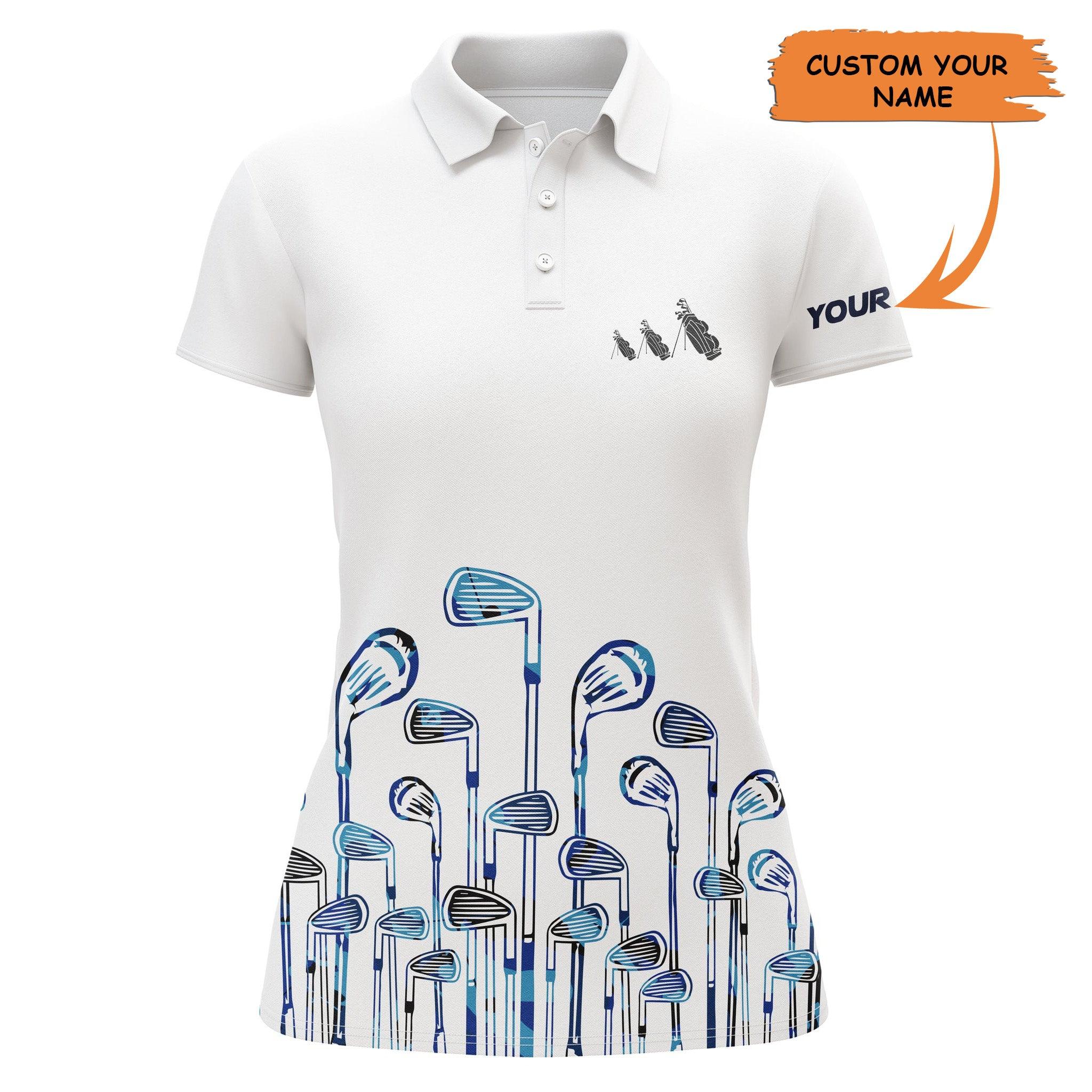 Customized Name Golf Women Polo Shirts, Personalized Golf Clubs White And Blue Women Golf Polo Shirts - Perfect Gift For Ladies, Golfers, Golf Lovers