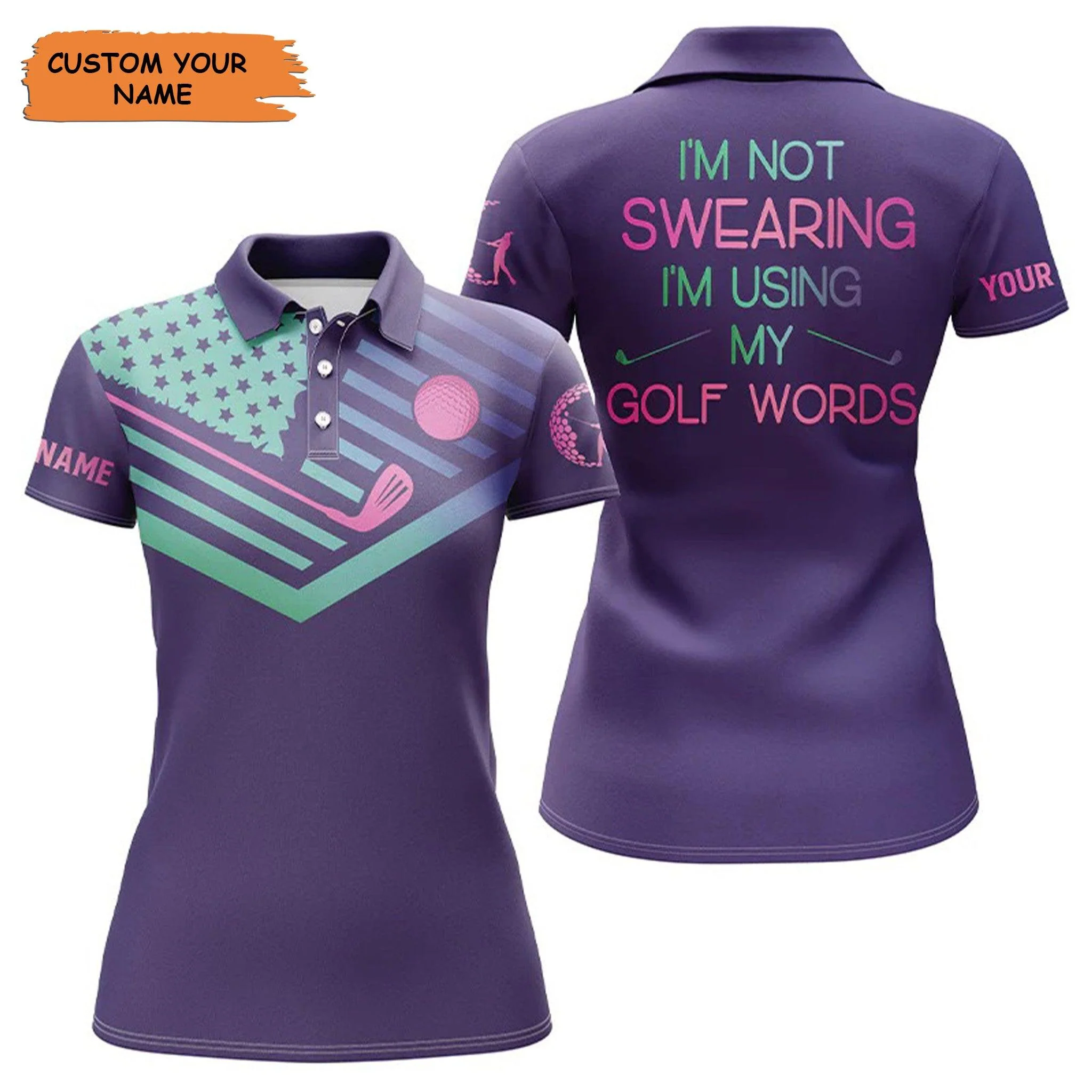 Customized Name Golf Women Polo Shirts, Personalized Purple Gradient American Flag Patriot I Am Not Swearing - Perfect Gift For Golfers, Golf Lovers