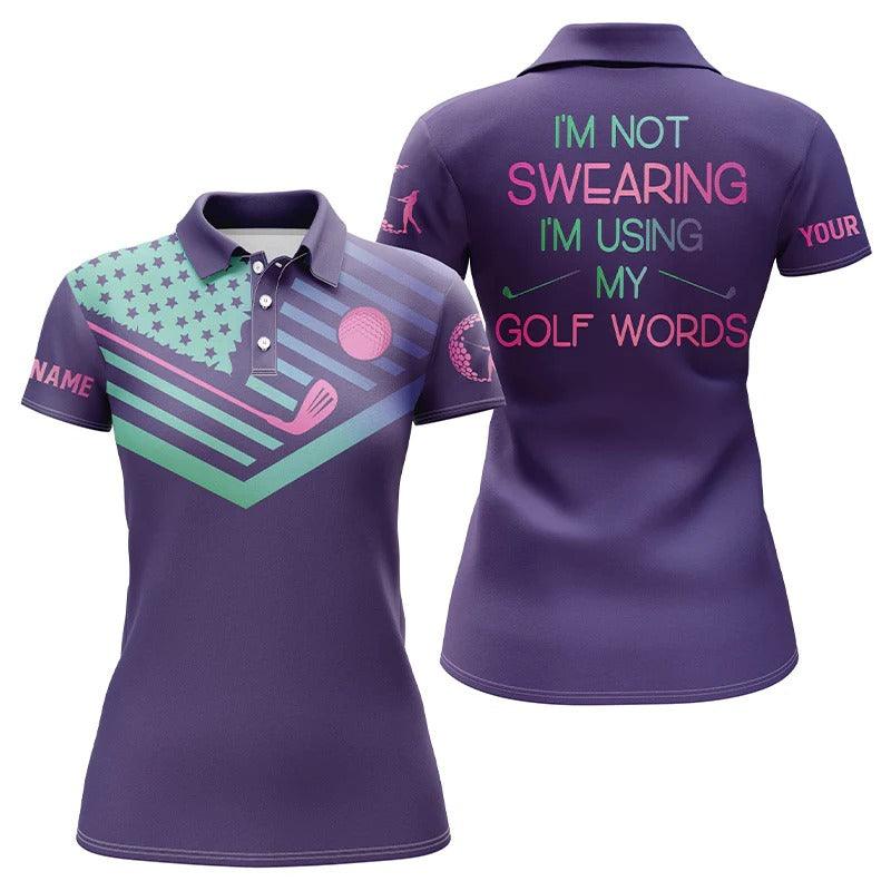 Customized Name Golf Women Polo Shirts, Personalized Purple Gradient American Flag Patriot I Am Not Swearing - Perfect Gift For Golfers, Golf Lovers - Image 2