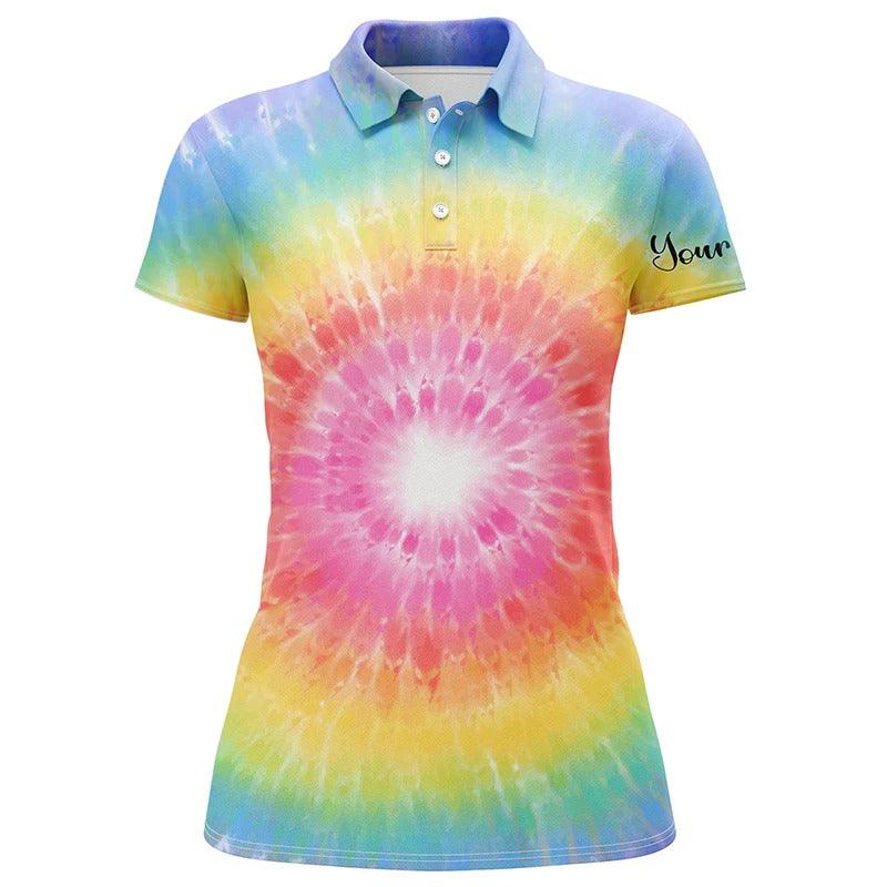 Customized Name Golf Women Polo Shirts, Personalized Rainbow Coloured Tie Dye Painted Polo Shirts - Perfect Gift For Ladies, Golf Lovers, Golfers - Image 2