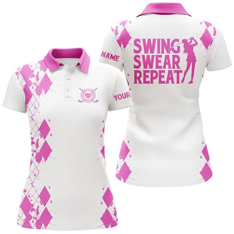 Customized Name Golf Women Polo Shirts, Personalized Swing Swear Repeat White Golf Polo Shirt - Perfect Gift For Ladies, Golf Lovers, Golfers - Image 2