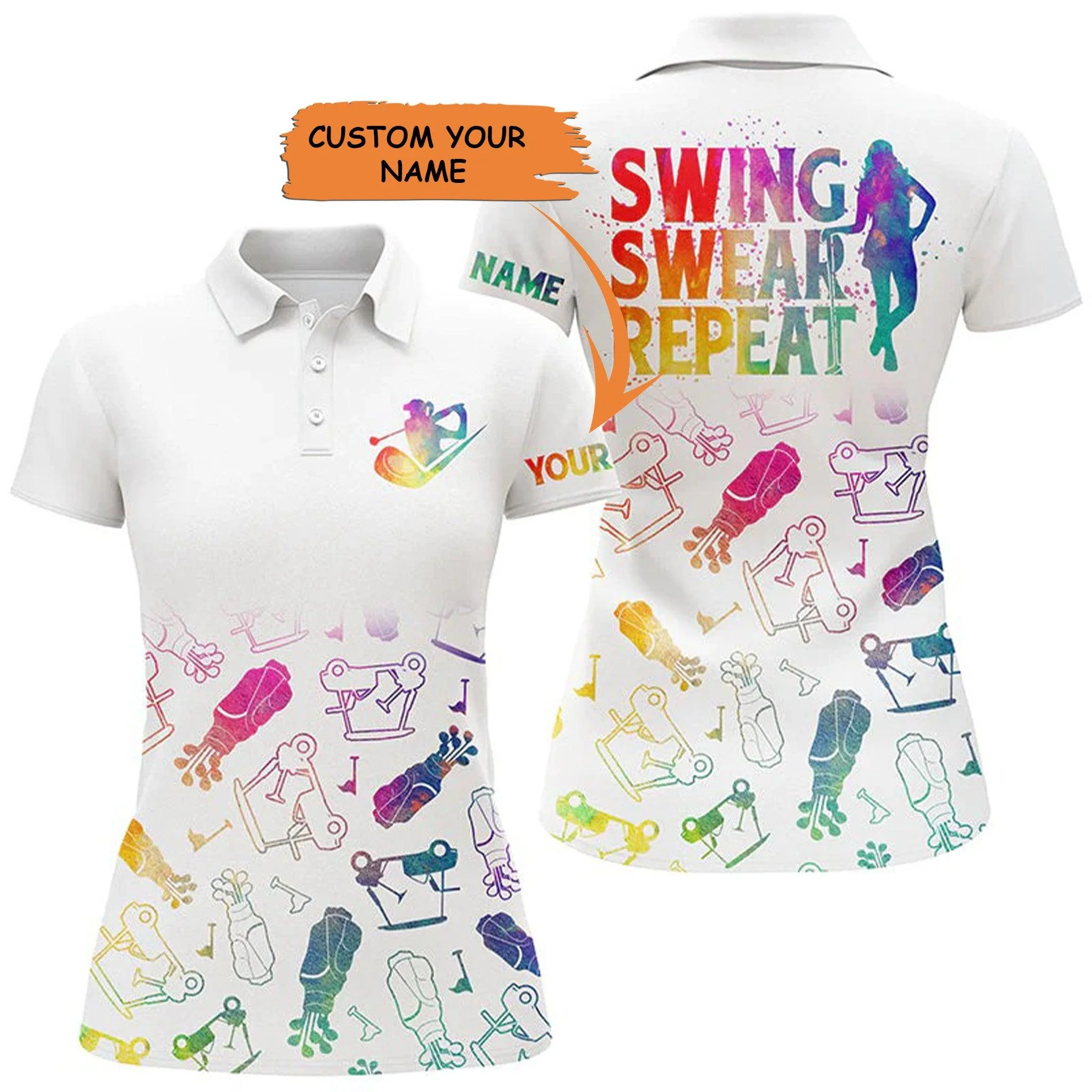 Customized Name Golf Women Polo Shirts, Personalized Watercolor Golf Icons Swing Swear Repeat Golf Polo Shirts - Perfect Gift For Golfers, Golf Lovers