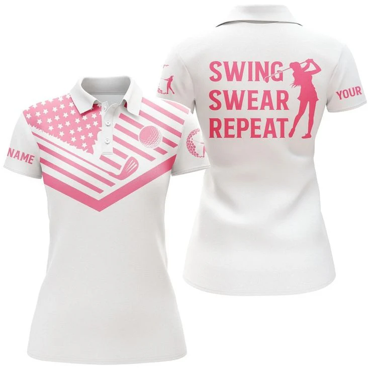 Customized Name Golf Women Polo Shirts, Pink American Flag Personalized Swing Swear Repeat White Golf Shirt - Perfect Gift For Golfers, Golf Lovers