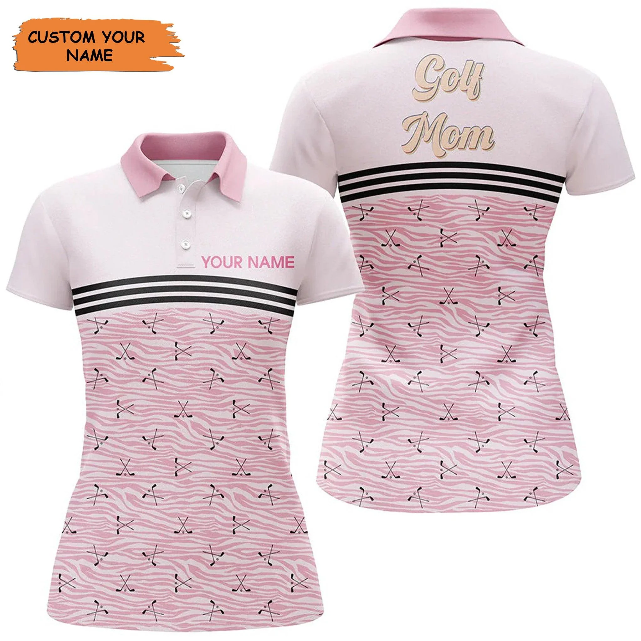 Customized Name Golf Women Polo Shirts, Pink Golf Clubs Zebra Pattern Personalized Golf Mom, Mother's Day - Perfect Gift For Golfers, Golf Lovers