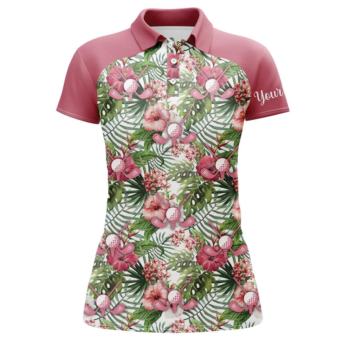 Customized Name Golf Women Polo Shirts, Pink Tropical Flower Leaves Pattern Personalized Women Golf Polo Shirt - Perfect Gift For Golfers, Golf Lovers - Image 2