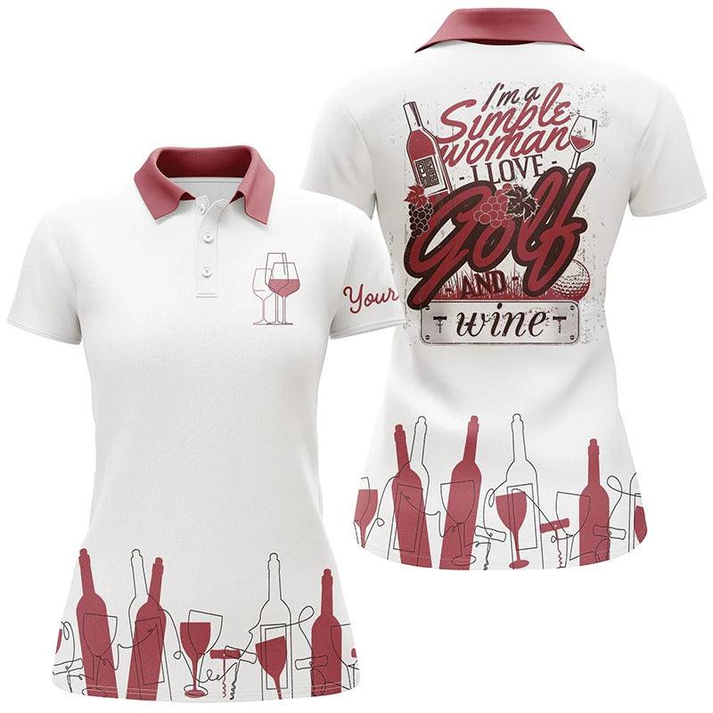 Customized Name Golf Women Polo Shirts, Pink White Personalized I'm A Simple Woman I Love Golf And Wine - Perfect Gift For Ladies, Golfers, Golf Lovers - Image 2