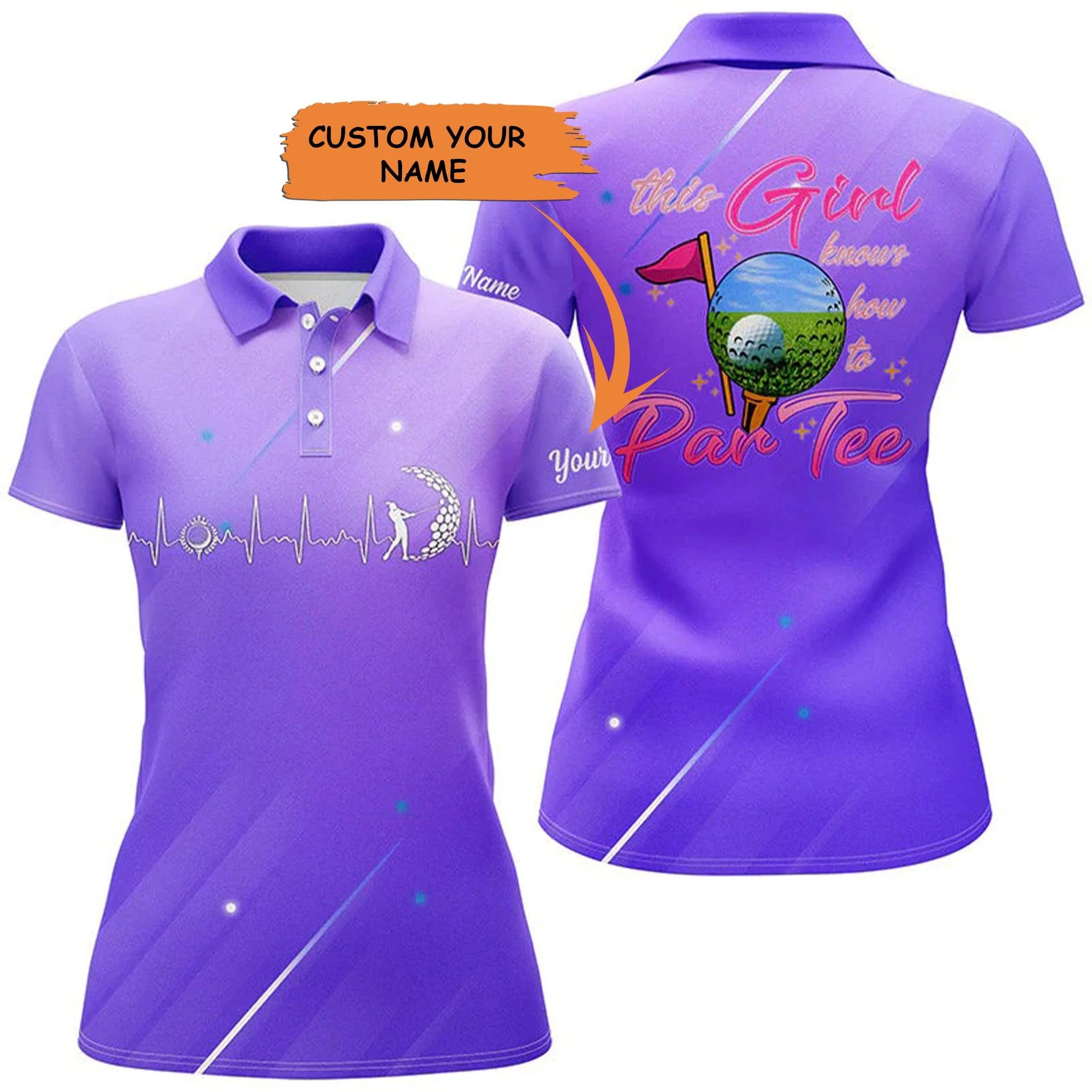 Customized Name Golf Women Polo Shirts, Purple Gradient Personalized This Girl Knows How To Par Tee - Perfect Gift For Ladies, Golfers, Golf Lovers