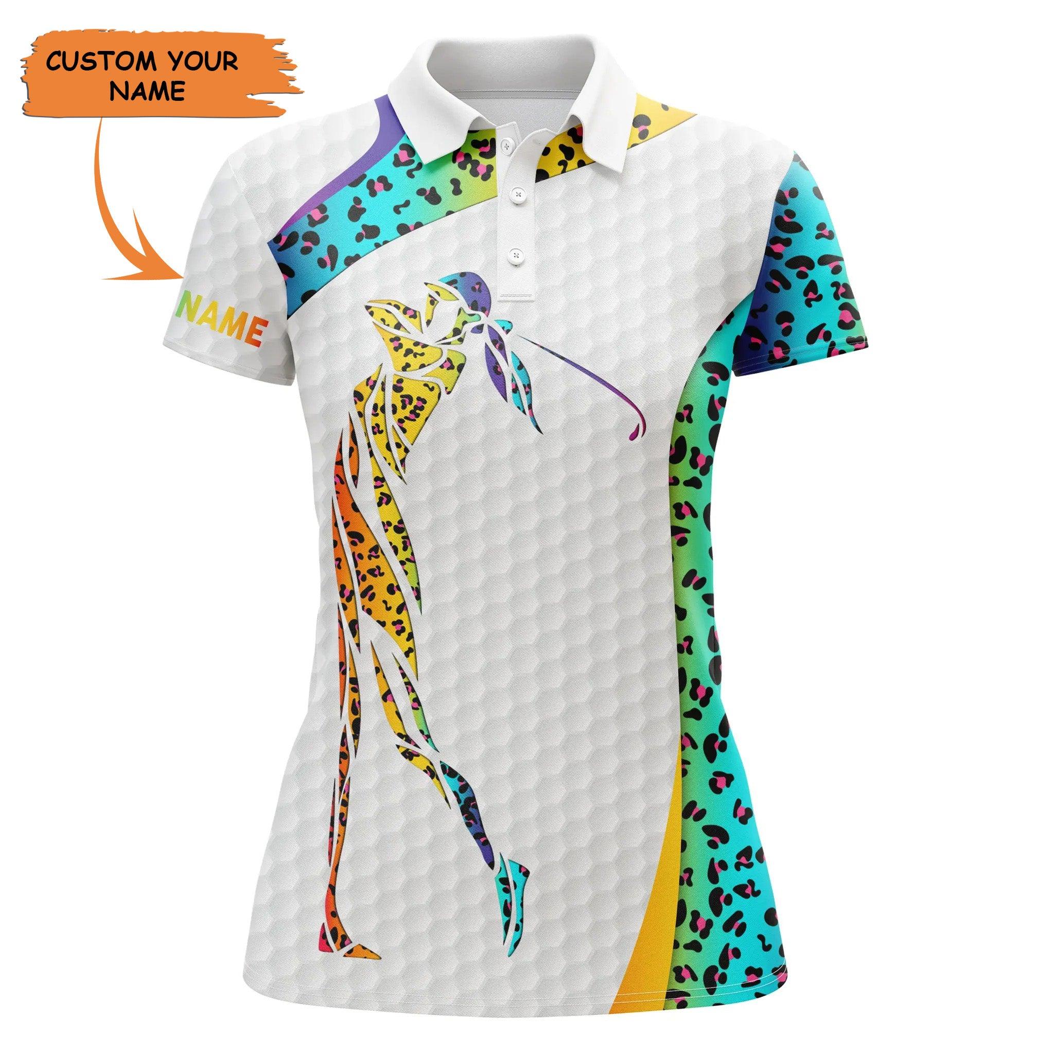 Customized Name Golf Women Polo Shirts, Rainbow Neon Leopard Pattern Personalized Unique Golfers Gift - Perfect Gift For Ladies, Golfers, Golf Lovers