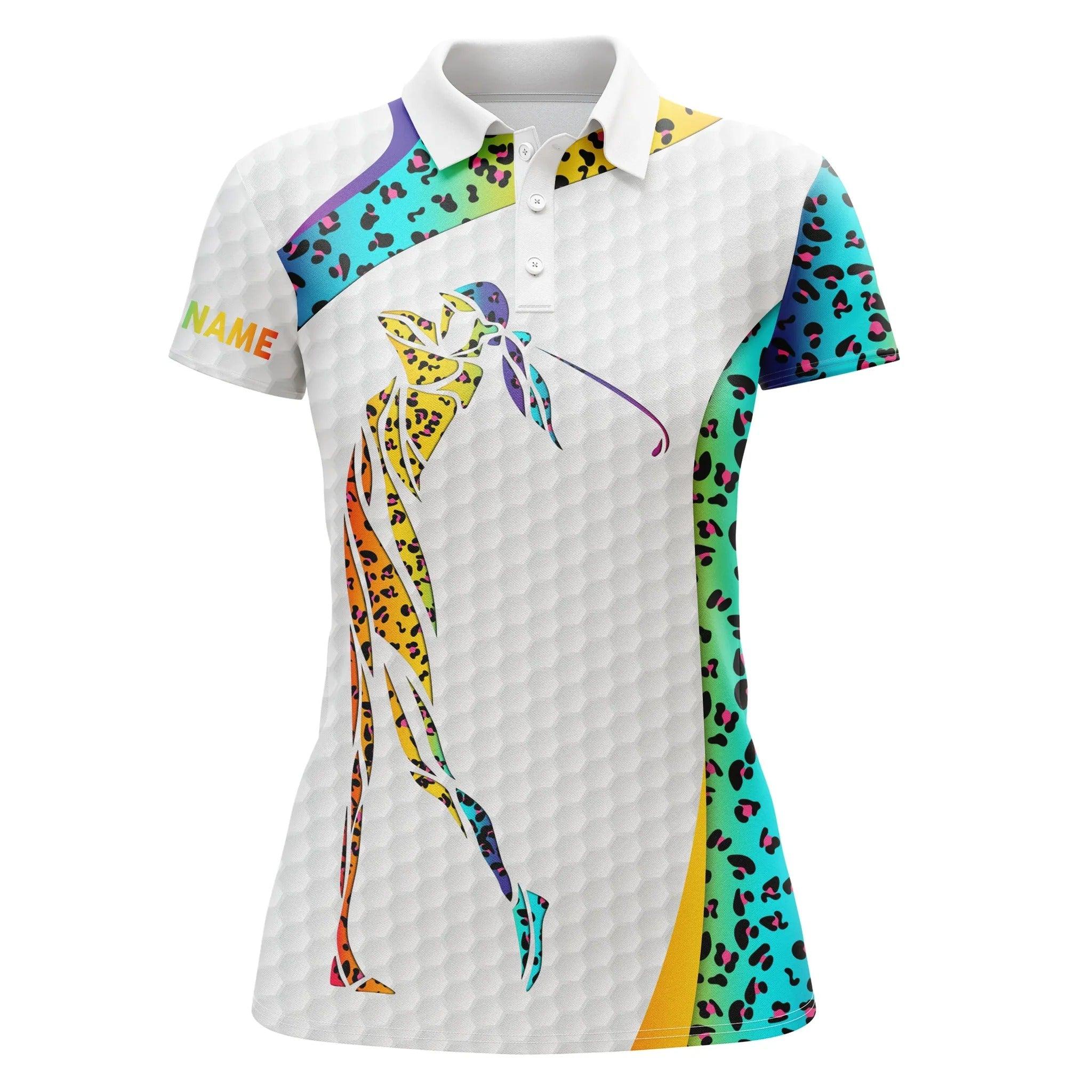 Customized Name Golf Women Polo Shirts, Rainbow Neon Leopard Pattern Personalized Unique Golfers Gift - Perfect Gift For Ladies, Golfers, Golf Lovers - Image 2