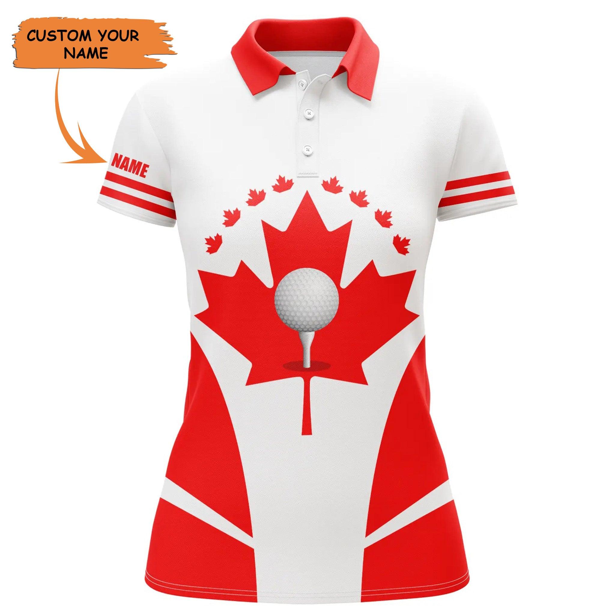 Customized Name Golf Women Polo Shirts, Red White Shirt Personalized Canadian Flag Patriotic Golf Balls - Perfect Gift For Ladies, Golfers, Golf Lovers