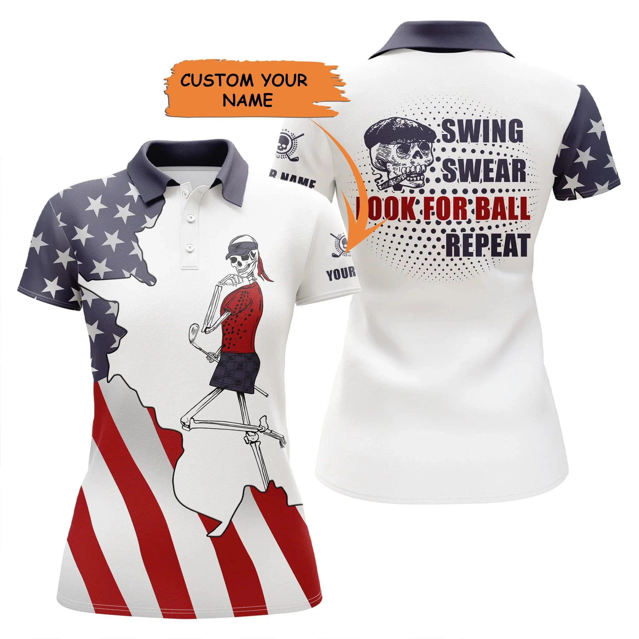 Customized Name Golf Women Polo Shirts, Skull, American Flag Patriotic, Personalized Ladies Golf Polo Shirts - Perfect Gift For Golfers, Golf Lovers