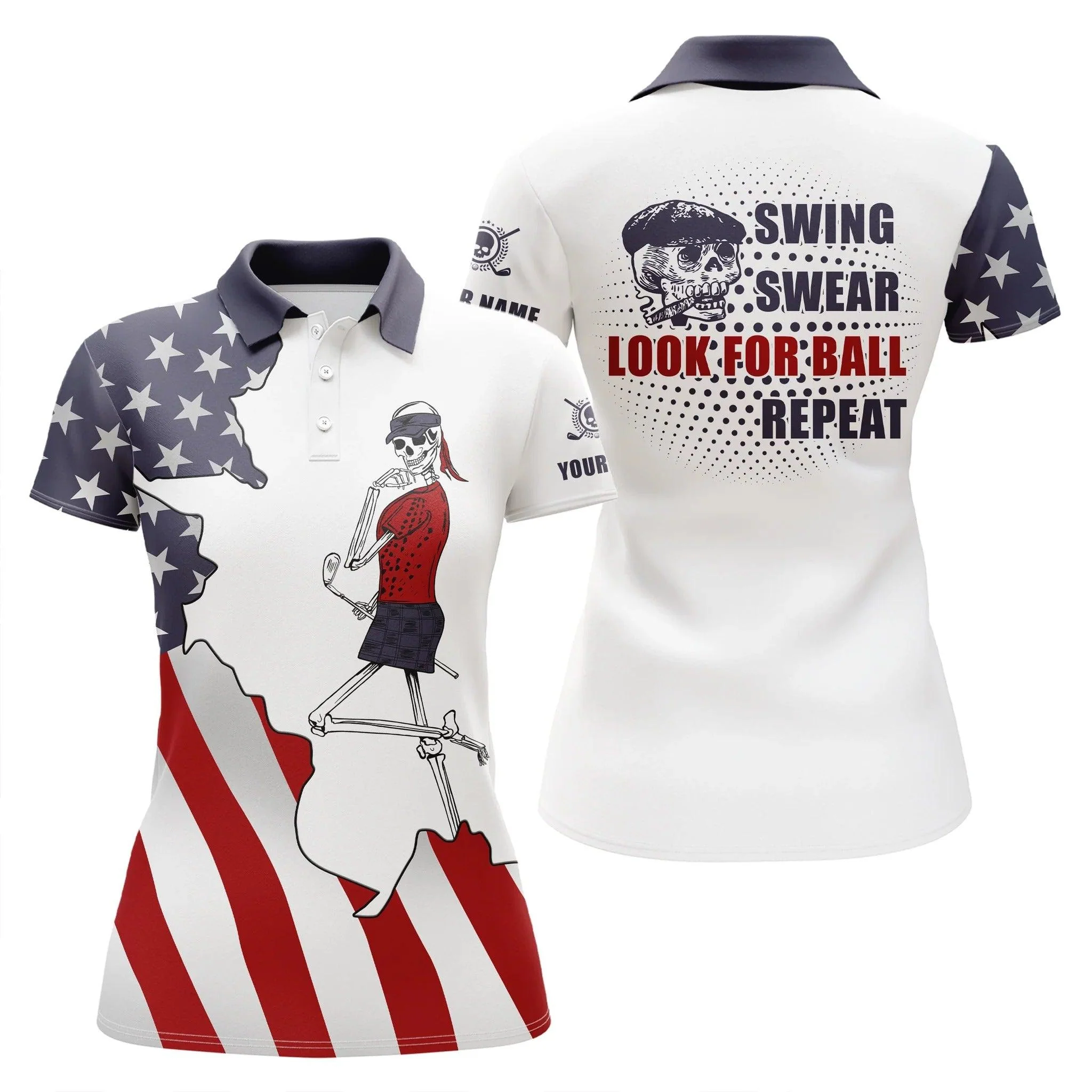 Customized Name Golf Women Polo Shirts, Skull, American Flag Patriotic, Personalized Ladies Golf Polo Shirts - Perfect Gift For Golfers, Golf Lovers - Image 2