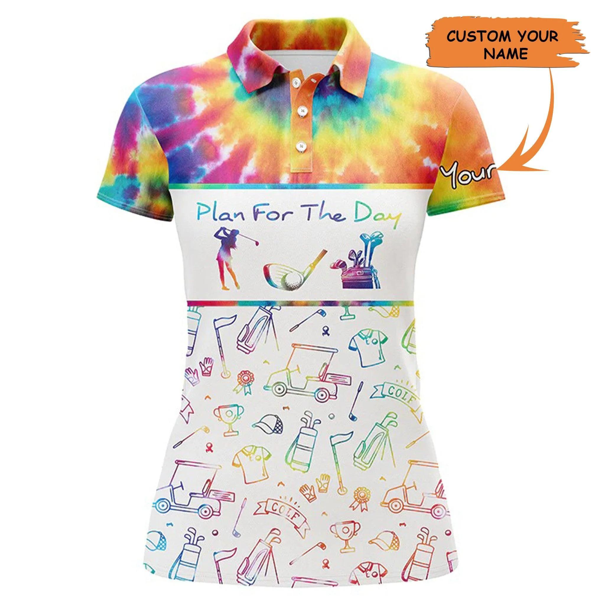 Customized Name Golf Women Polo Shirts, Tie Dye Pattern Personalized Plan For The Day Golf Icons - Perfect Gift For Golfers, Golf Lovers
