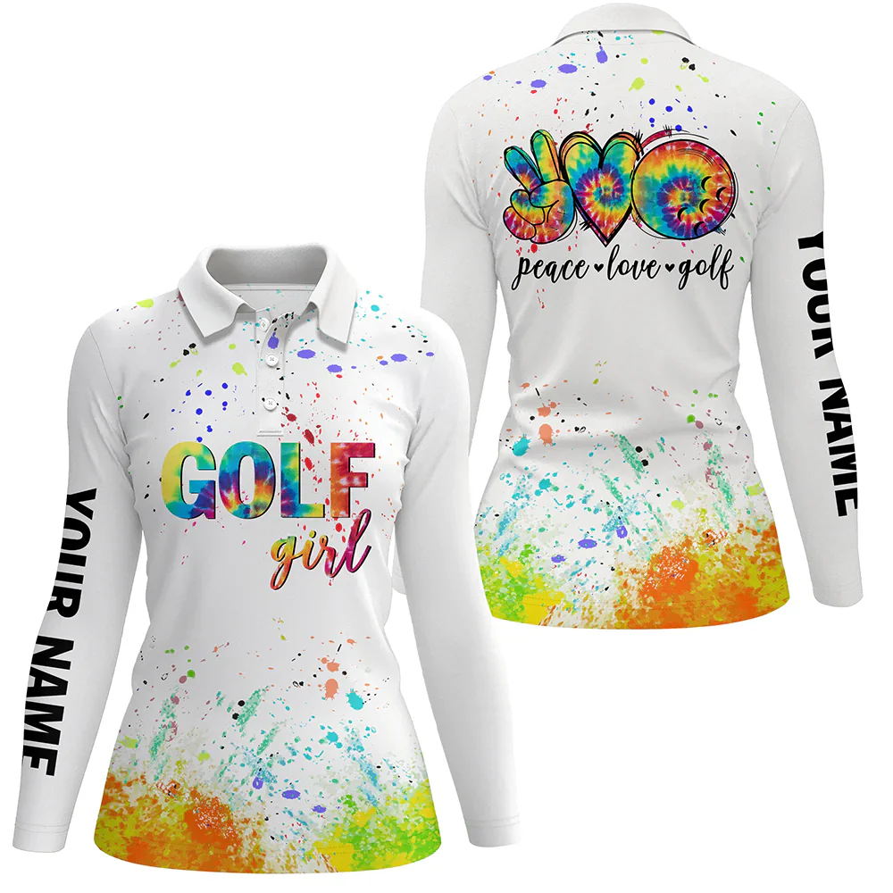 Customized Name Golf Women Polo Shirts, White Shirt Personalized Watercolor Peace Love Golf Polo Shirt - Perfect Gift For Ladies, Golf Lovers, Golfers - Image 2