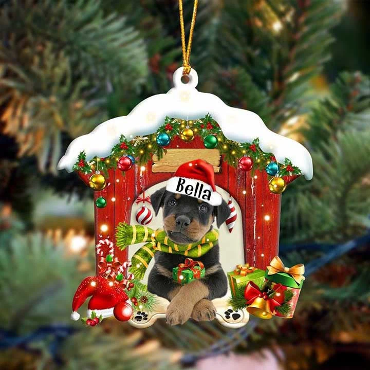 Customized Name Rottweiler In Red Wood House Christmas Acrylic Keychain Gift For Dog Lovers, Dog Mom - Image 4