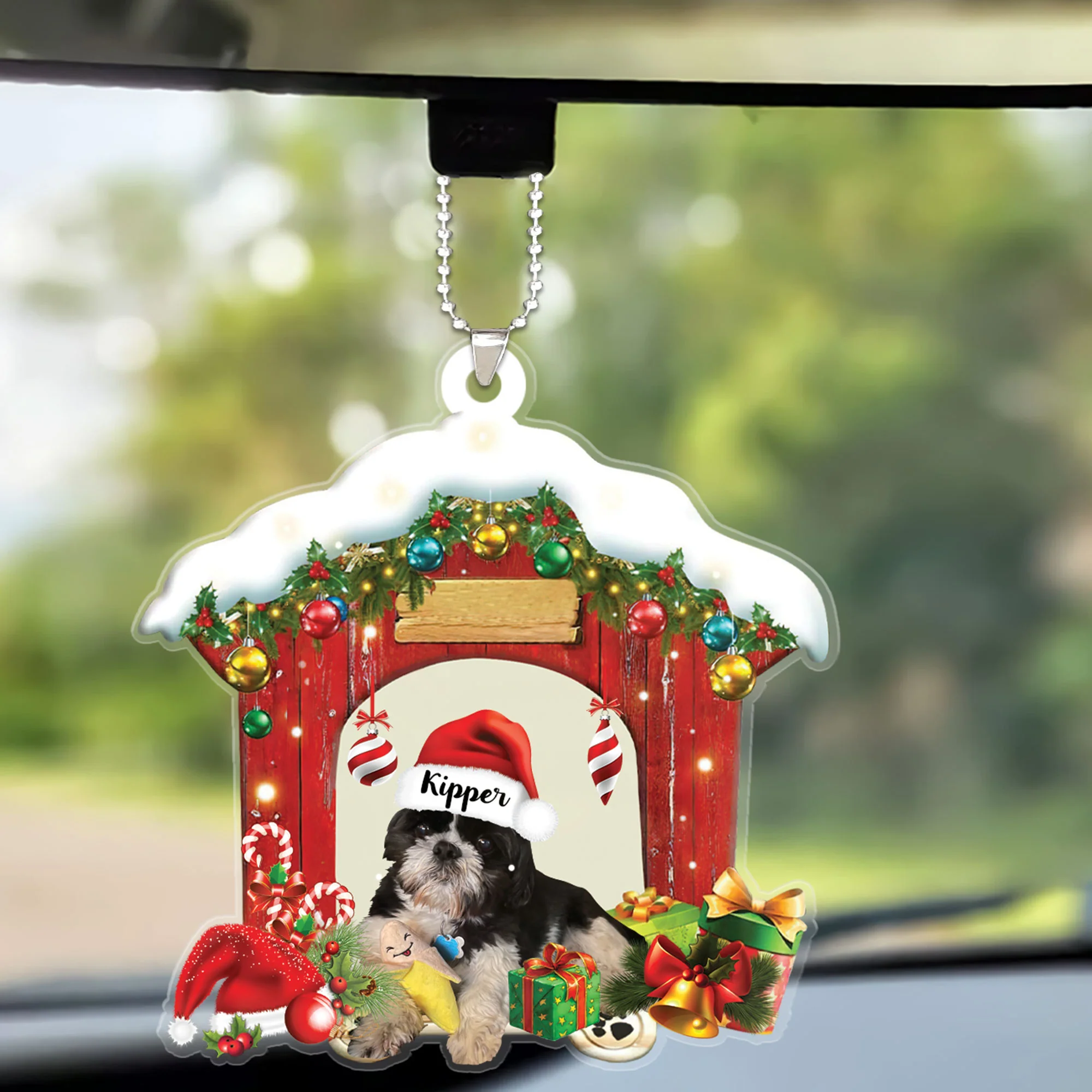 Customized Name Shih Tzu In Red Wood House Christmas Car Ornament Gift For Dog Lovers, Dog Mom - Image 2