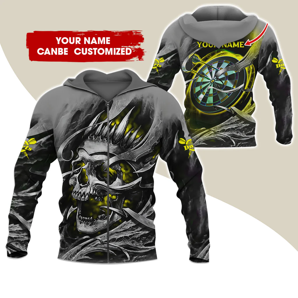 Customized Name Skull Darts Premium Zip Hoodie, Personalized Name Dartboard Zip Hoodie For Men & Women - Gift For Darts Lovers, Darts Players - Image 3