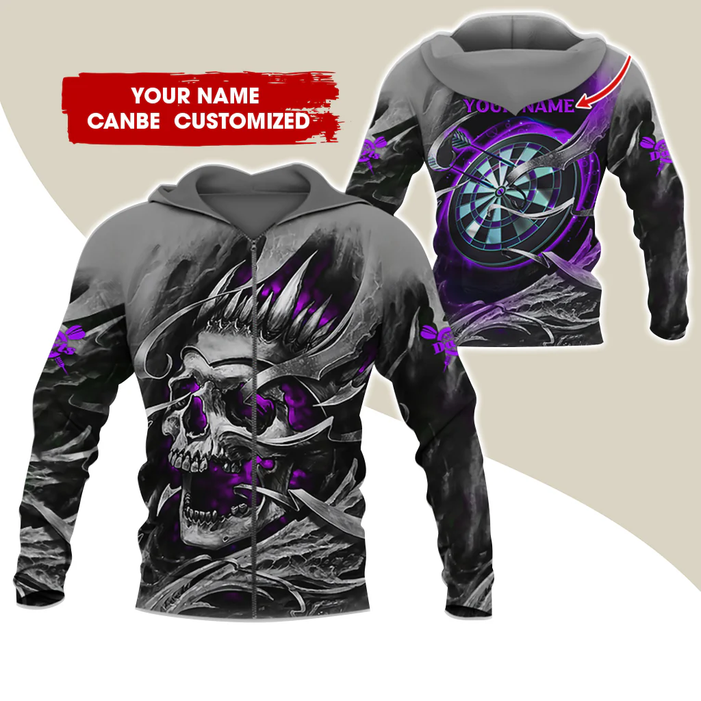 Customized Name Skull Darts Premium Zip Hoodie, Personalized Name Dartboard Zip Hoodie For Men & Women - Gift For Darts Lovers, Darts Players - Image 8