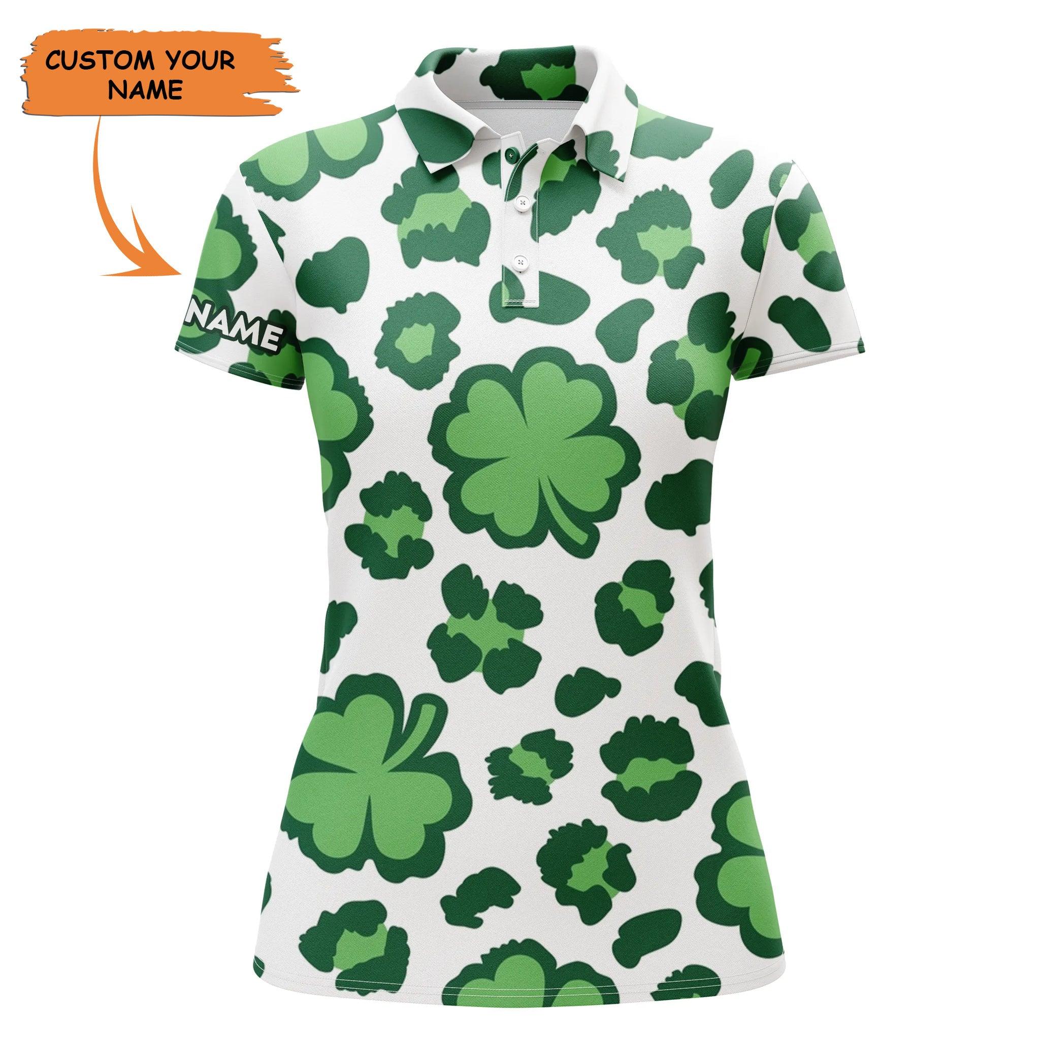 Customized Name St. Patrick's Day Women Polo Shirts, Personalized Clover And Leopard Pattern St. Patrick's Day Shirts - Perfect Gift For Ladies, Women