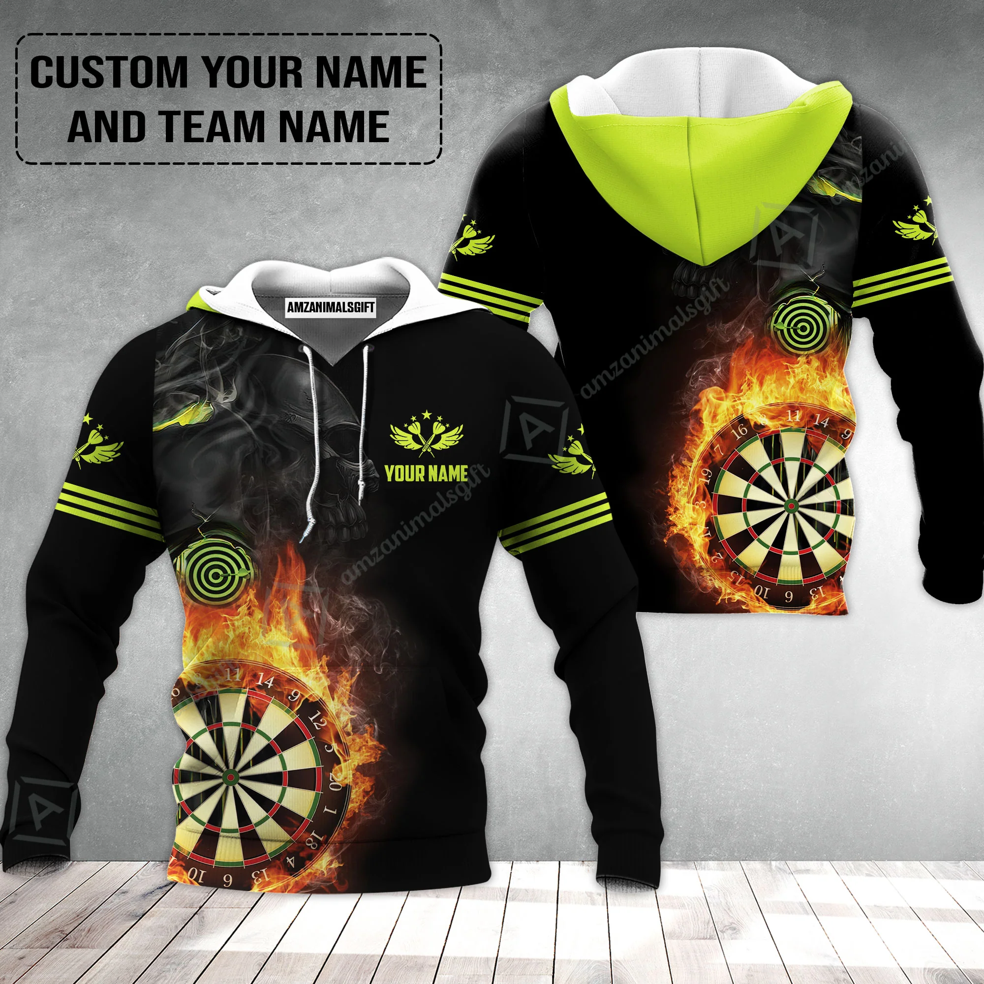 Customized Name & Team Darts Hoodie, Skull Darts Flame Personalized Darts Hoodie - Image 2