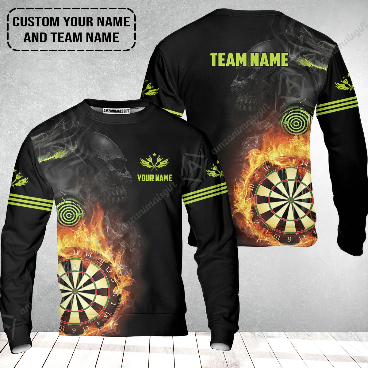 Customized Name & Team Darts Sweatshirt, Skull Darts Flame Personalized Darts Sweatshirt - Image 2