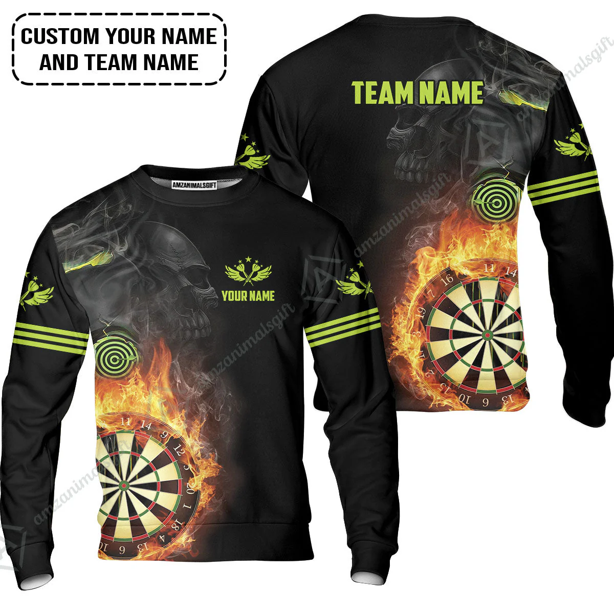 Customized Name & Team Darts Sweatshirt, Skull Darts Flame Personalized Darts Sweatshirt
