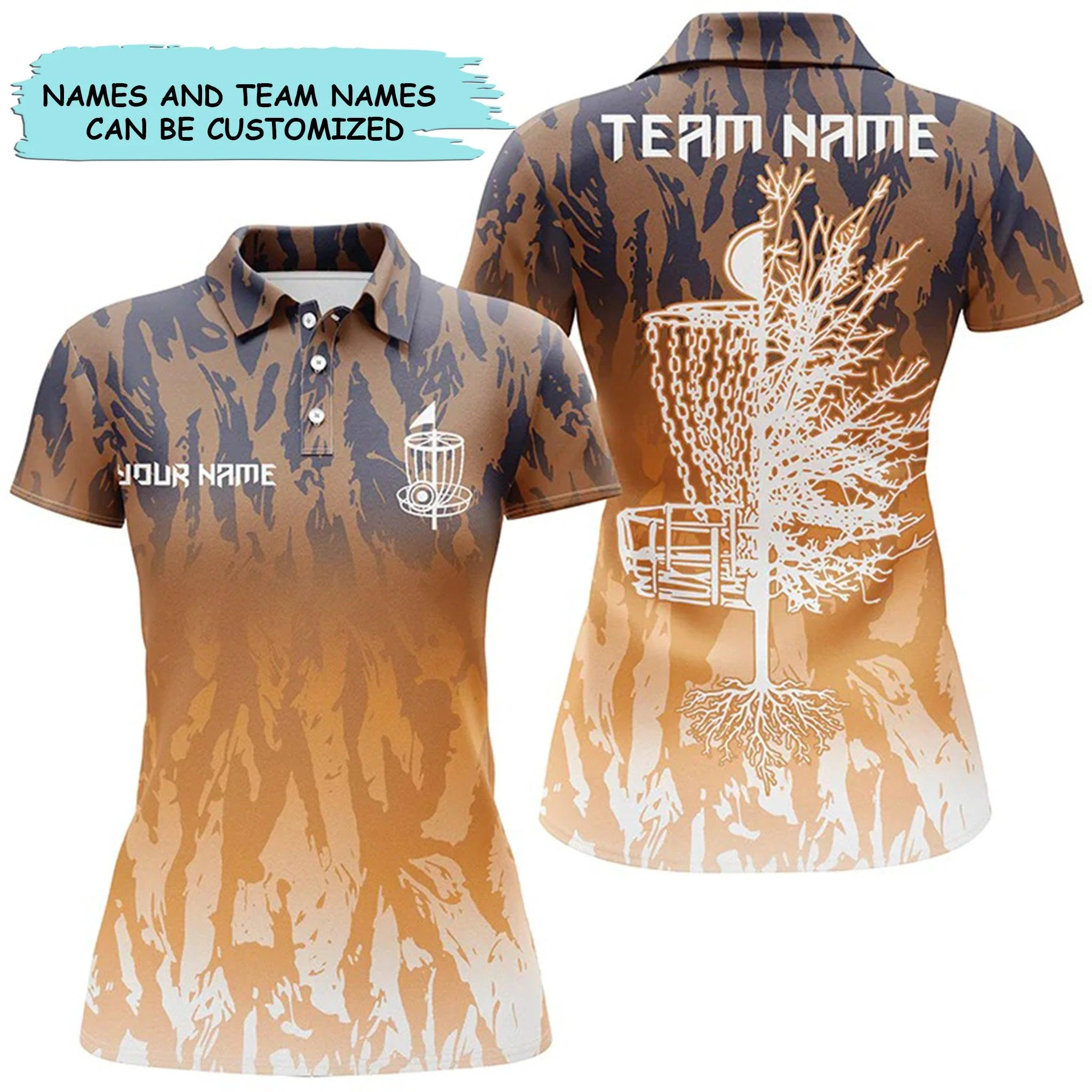 Customized Name Team Disc Golf Women Polo Shirt, Personalized Disc Golf Basket Orange Camo Shirts - Perfect Gift For Ladies, Disc Golf Lovers
