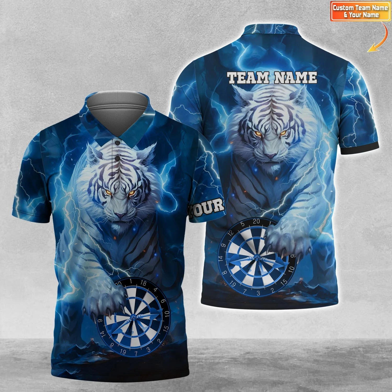 Customized Name & Team Name Darts T-Shirt, Blue Storm Tiger Personalized For Dart Team Player T-Shirt - Image 2