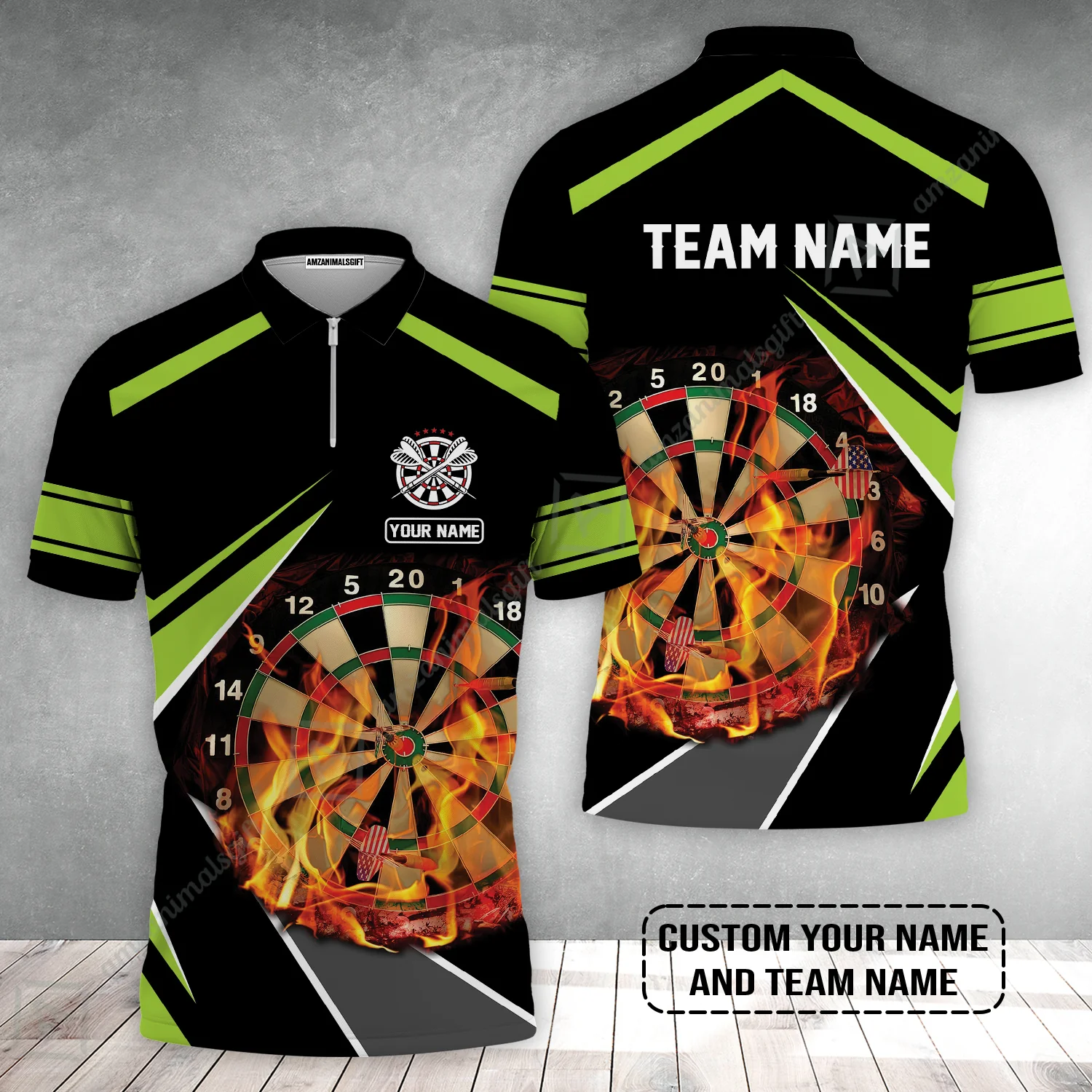 Customized Name & Team Name Darts Zip Polo Shirt, Dartboard Flame Personalized Darts Zip Polo Shirt - Image 2