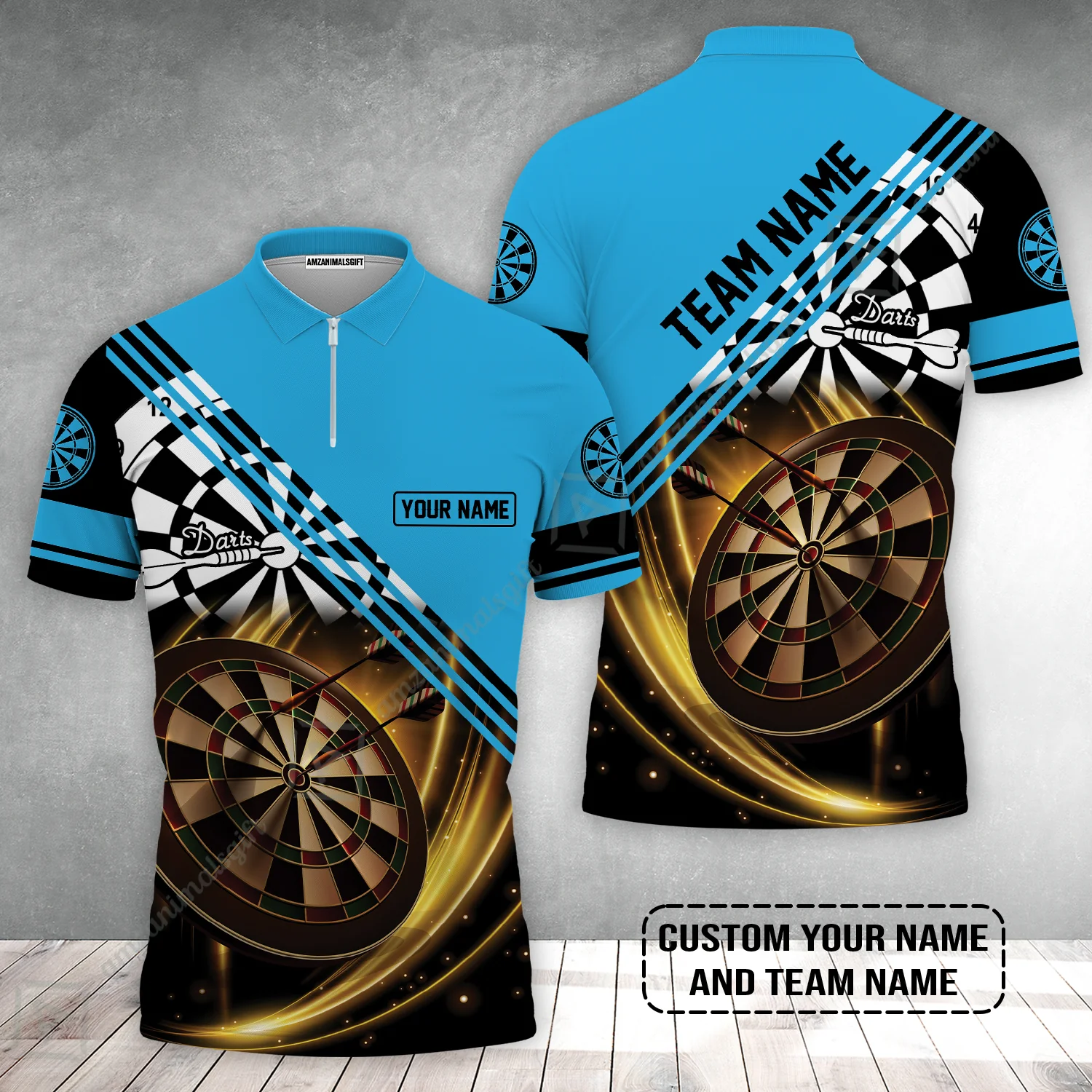 Customized Name & Team Name Darts Zip Polo Shirt, I Love Darts Personalized Blue Darts Zip Polo Shirt - Image 2