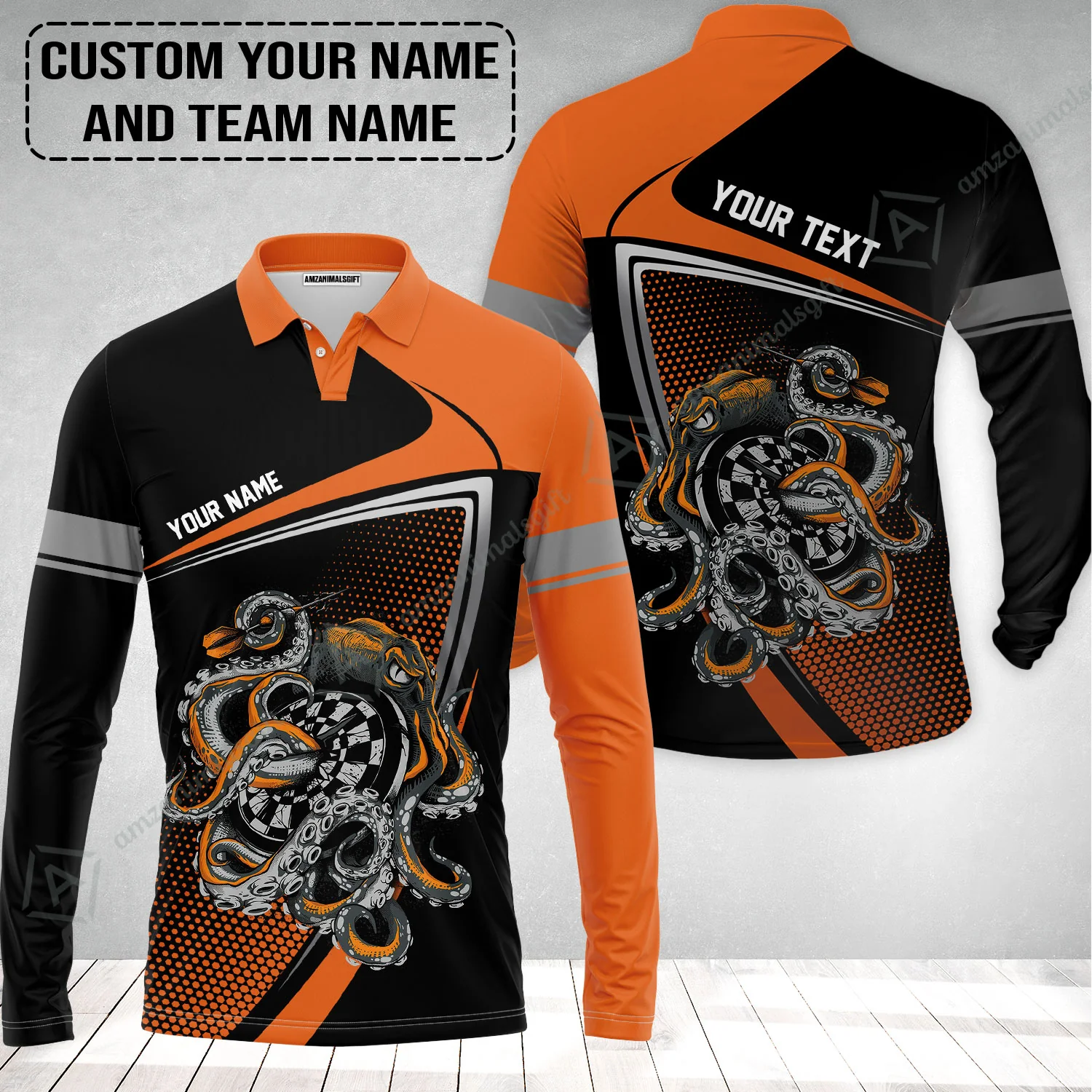 Customized Name & Text Darts Long Polo Shirt, Personalized Darts And Octopus Uniforms Long Polo Shirt - Image 2