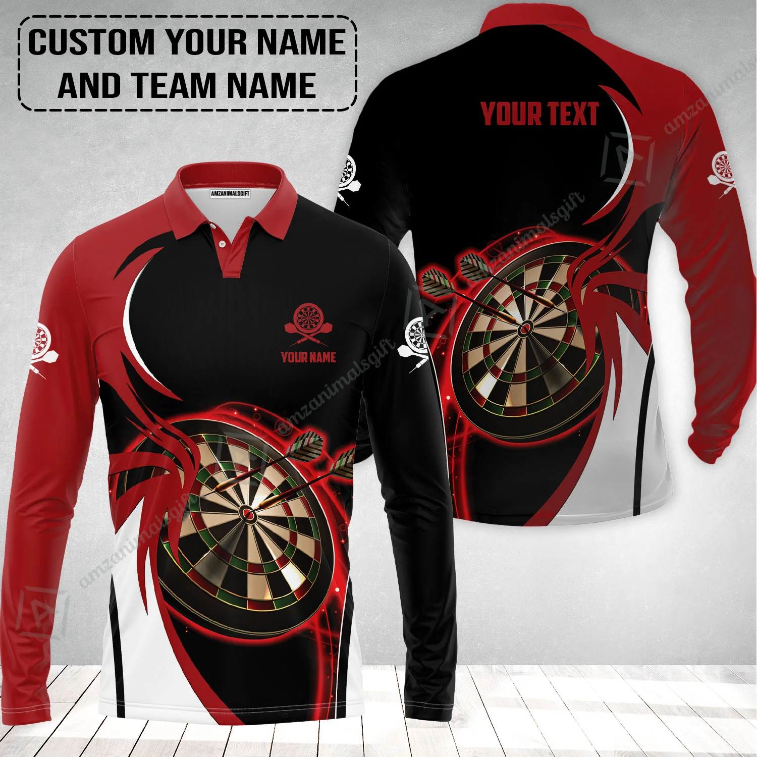 Customized Name & Text Darts Long Polo Shirt, Personalized Red Darts Uniforms Long Polo Shirt - Image 2
