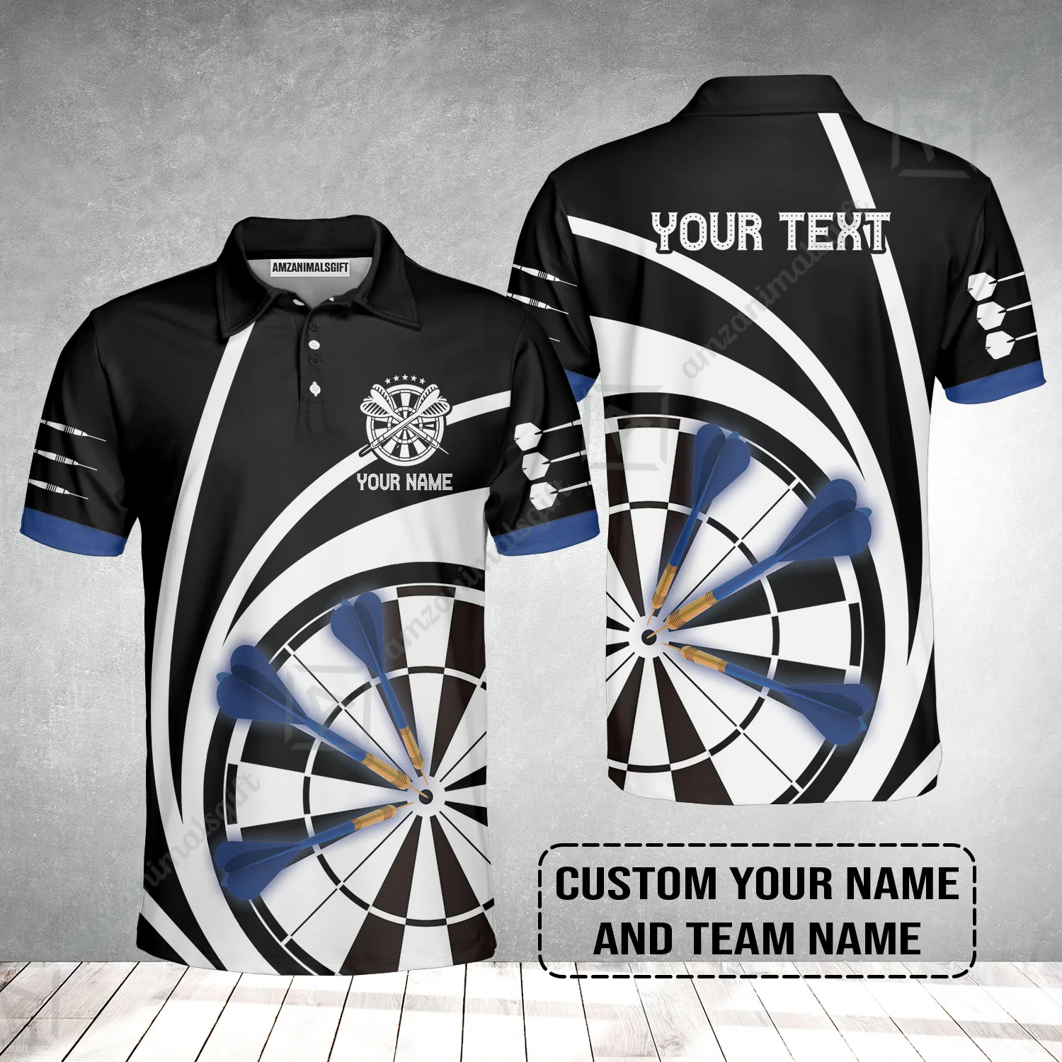 Customized Name & Text Darts Polo Shirt, Personalized Name Blue Dark Darts Team Polo Shirt - Image 2