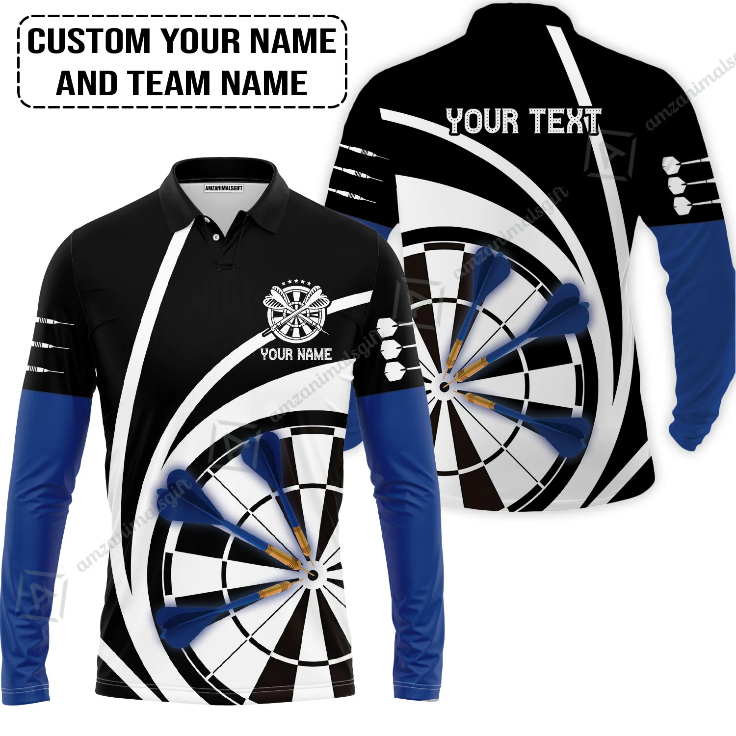 Customized Name & Text Darts Polo Shirt, Personalized Name Blue Dark Darts Team Polo Shirt - Image 3