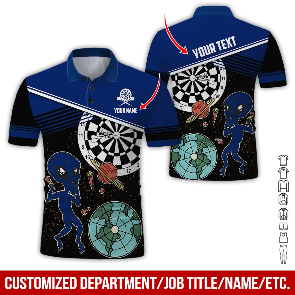 Customized Name & Text Darts Polo Shirt, Personalized Name Darts And Alien Polo Shirt For Men - Perfect Gift For Darts Lovers, Darts Players - Image 3