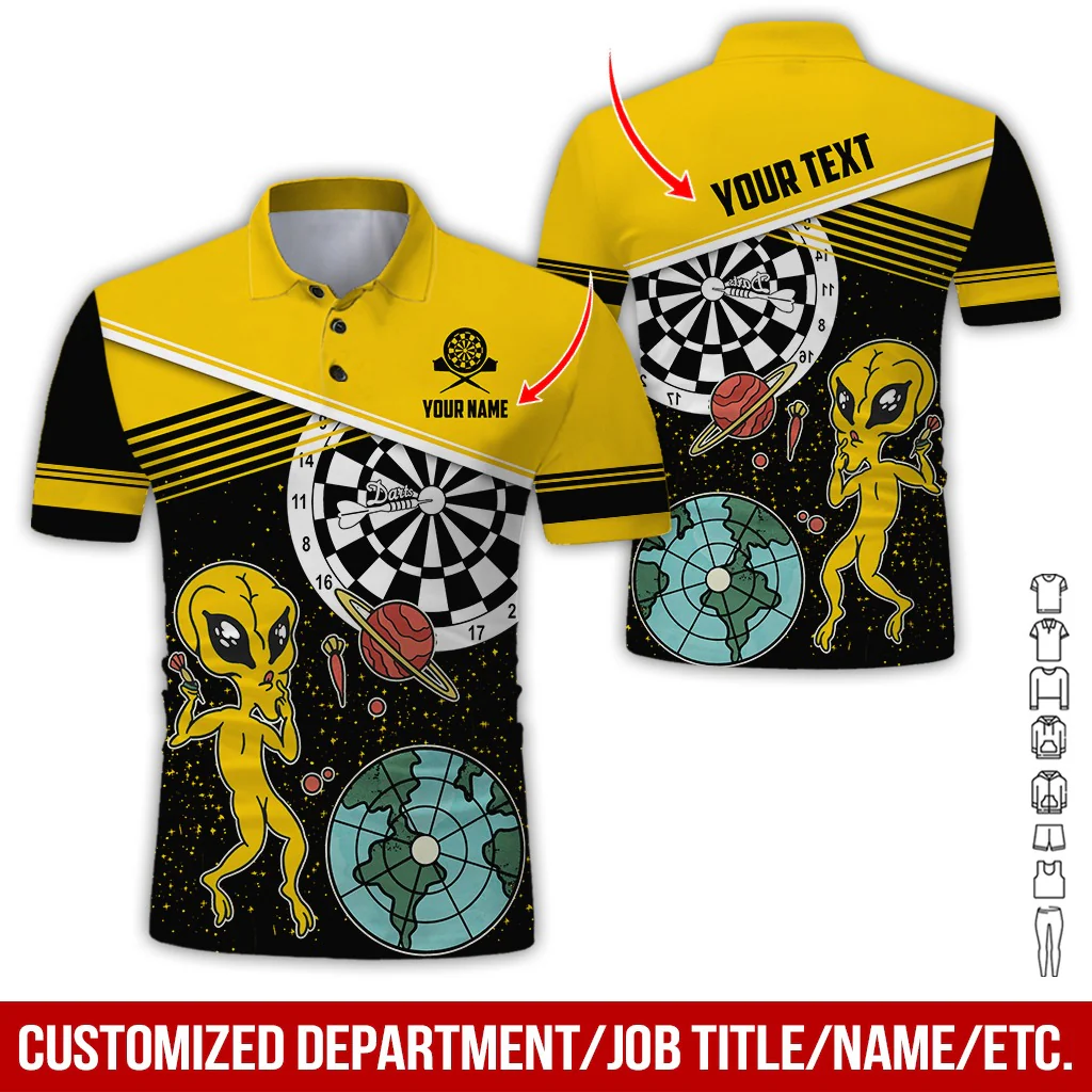 Customized Name & Text Darts Polo Shirt, Personalized Name Darts And Alien Polo Shirt For Men - Perfect Gift For Darts Lovers, Darts Players - Image 4