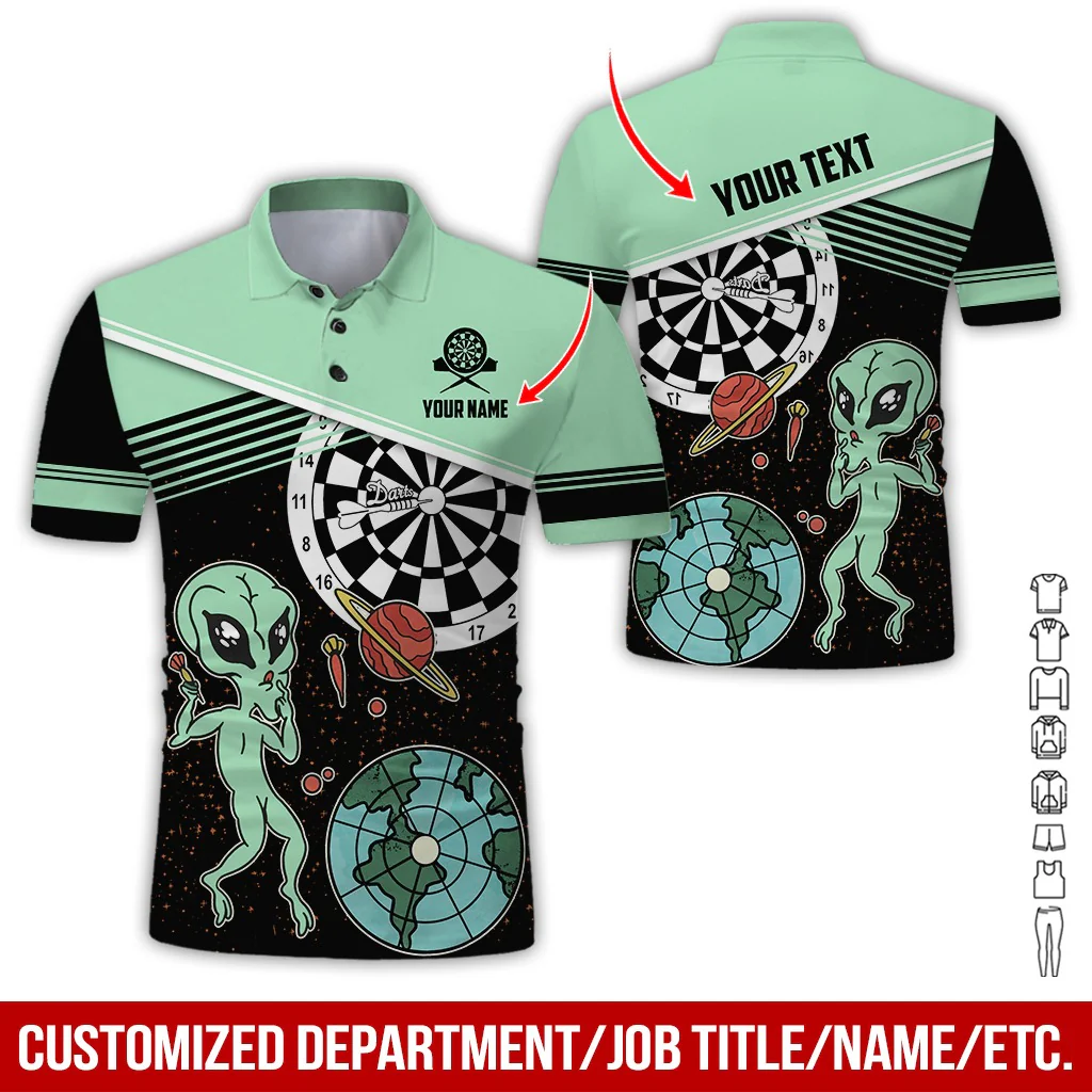 Customized Name & Text Darts Polo Shirt, Personalized Name Darts And Alien Polo Shirt For Men - Perfect Gift For Darts Lovers, Darts Players - Image 7