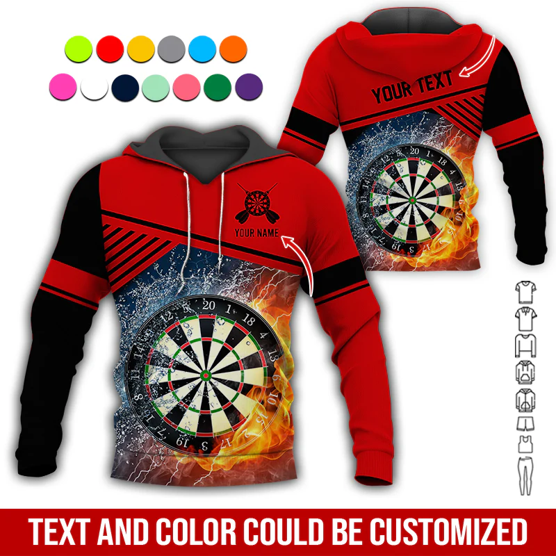 Customized Name & Text Darts Premium Hoodie, Water and Fire Dartboards Pattern Hoodie For Men & Women, Perfect Gift For Darts Lovers, Friend, Family - Image 3