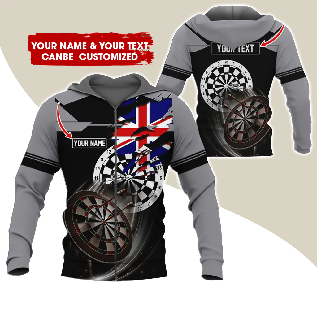 Customized Name & Text Darts Premium Zip Hoodie, Personalized England Flag Zip Hoodie For Men & Women - Gift For Darts Lovers, Darts Players - Image 3